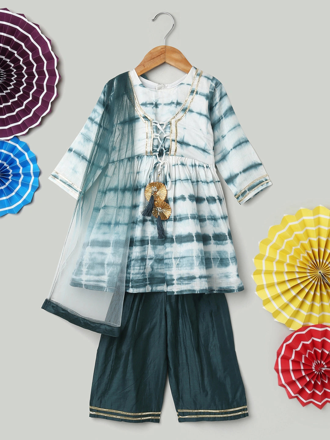 BownBee Hand Dyed Chanderi Silk Kurti Pant with Dupatta for Girls