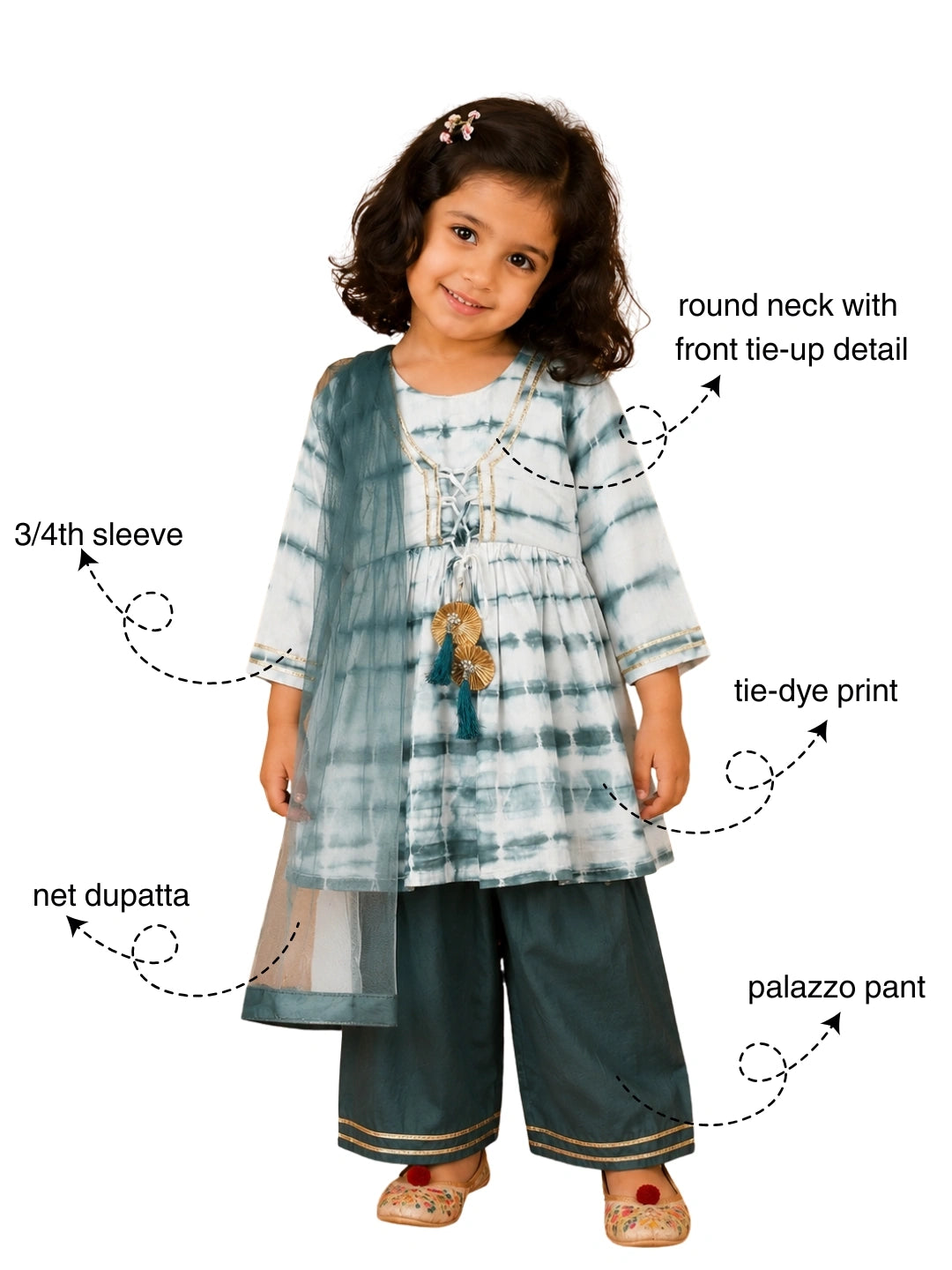 BownBee Hand Dyed Chanderi Silk Kurti Pant with Dupatta for Girls