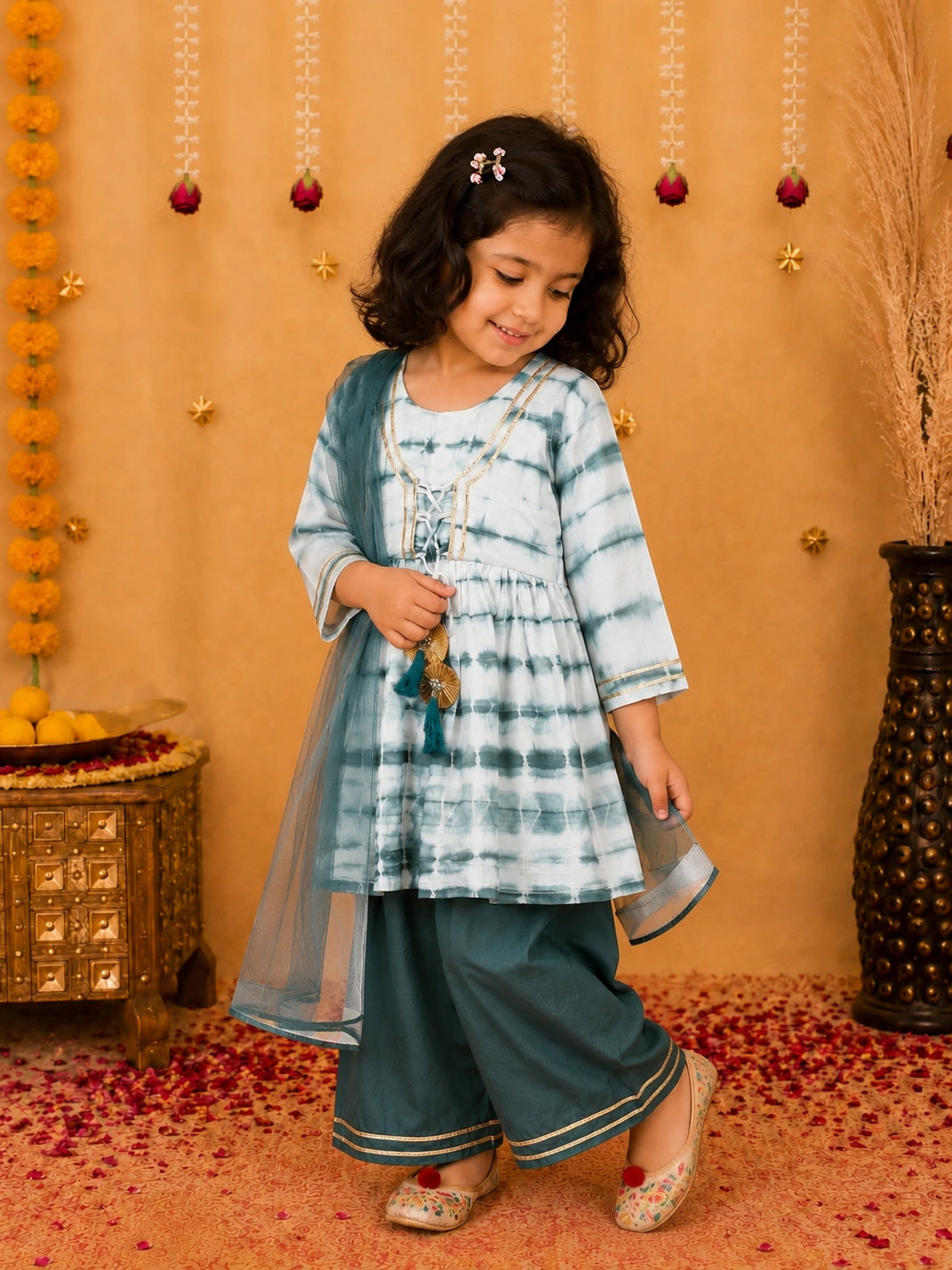 BownBee Hand Dyed Chanderi Silk Kurti Pant with Dupatta for Girls