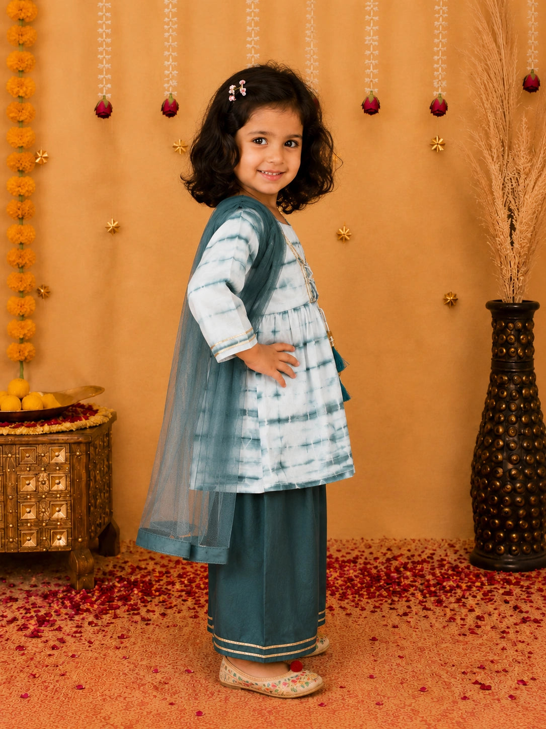 BownBee Hand Dyed Chanderi Silk Kurti Pant with Dupatta for Girls