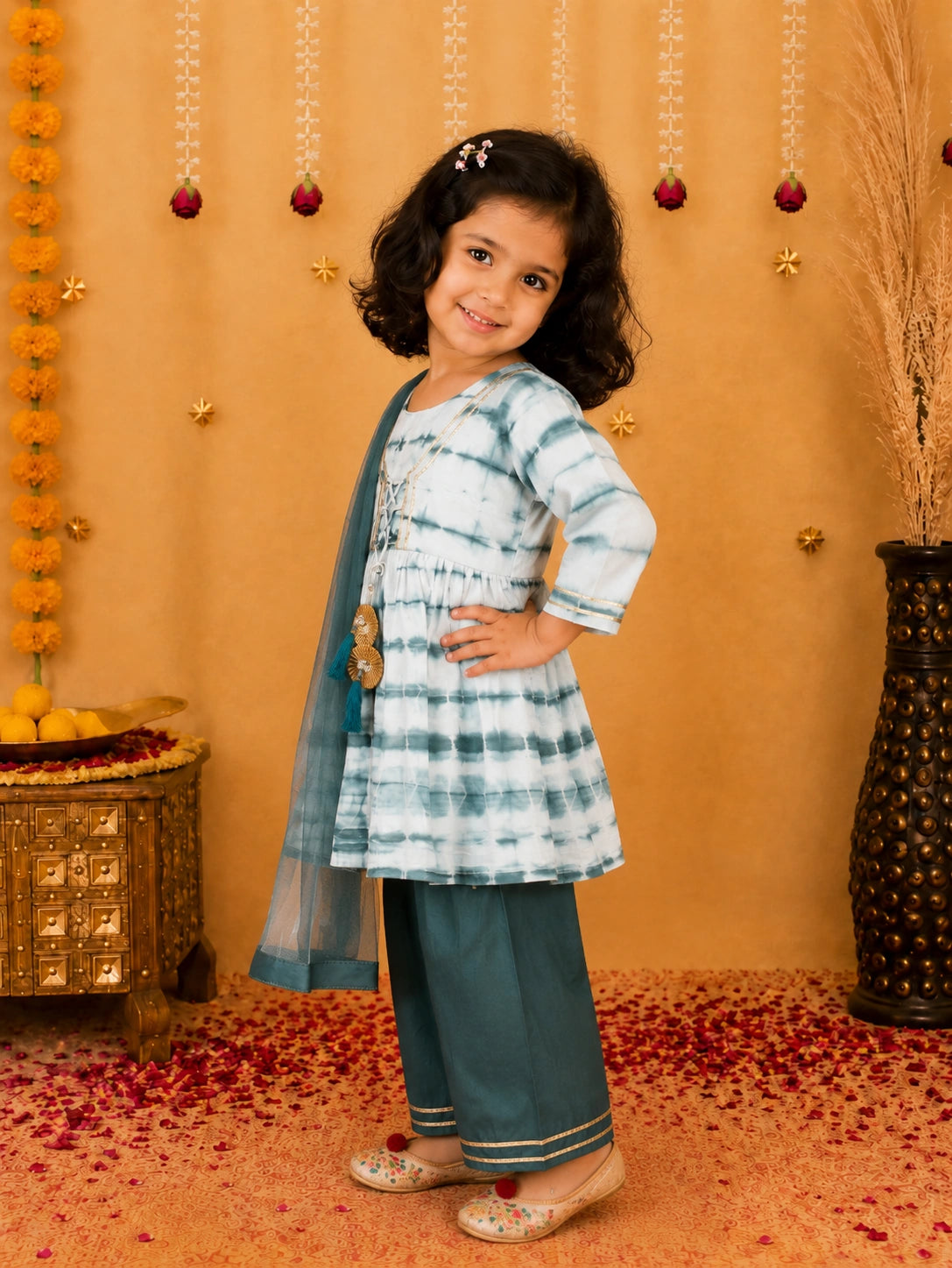 BownBee Hand Dyed Chanderi Silk Kurti Pant with Dupatta for Girls