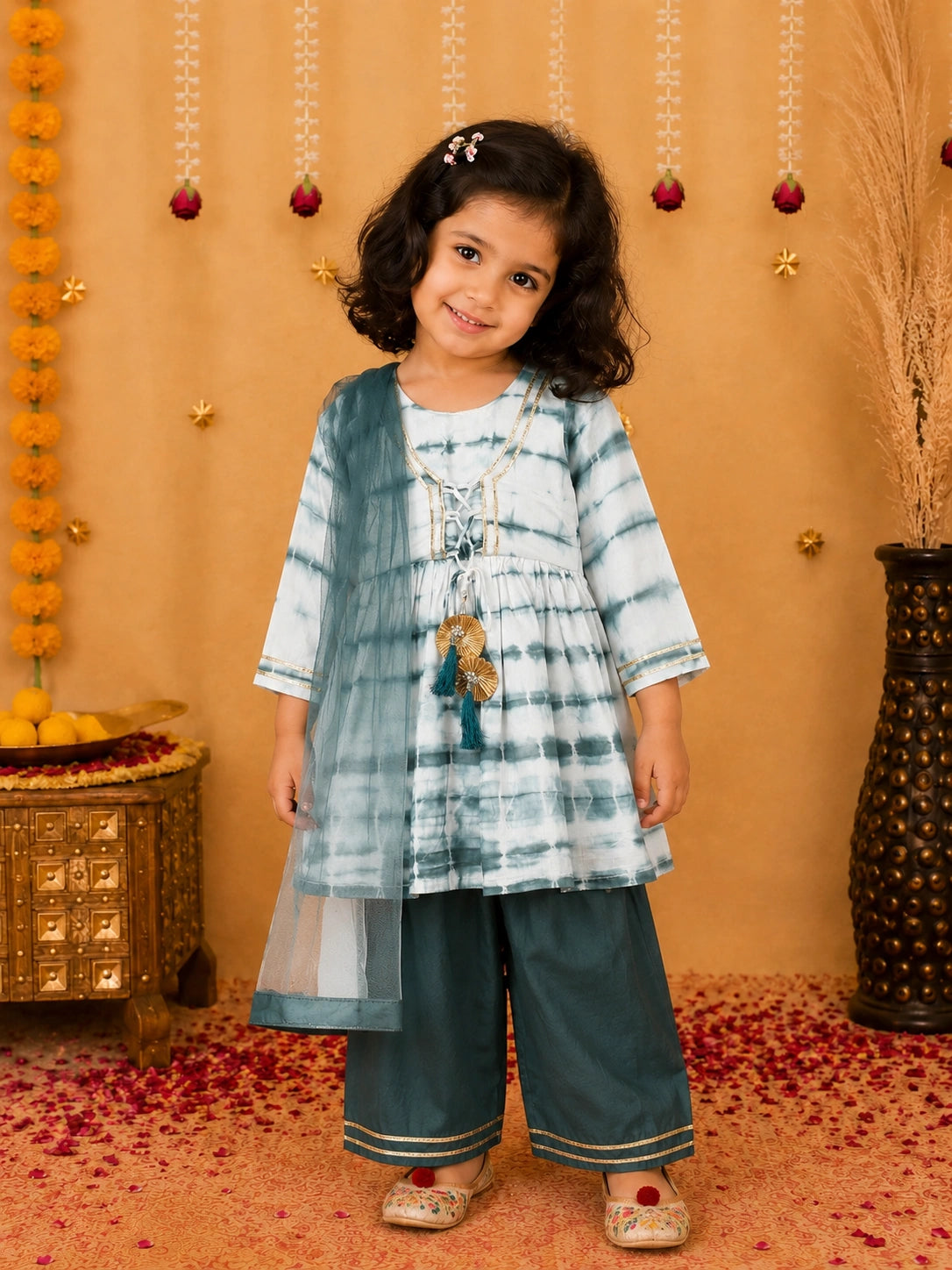 BownBee Hand Dyed Chanderi Silk Kurti Pant with Dupatta for Girls