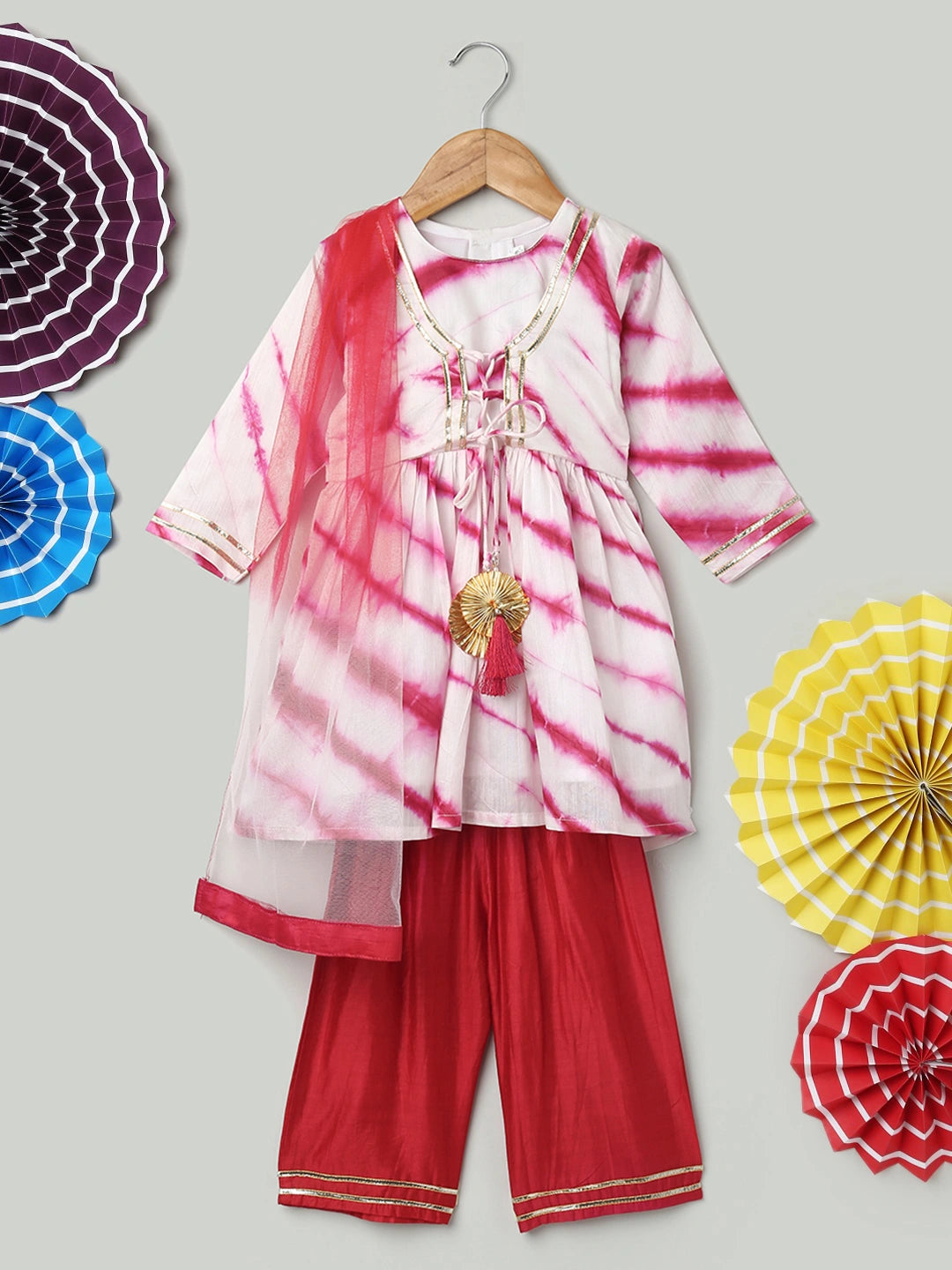 BownBee Hand Dyed Chanderi Silk Kurti Pant with Dupatta for Girls