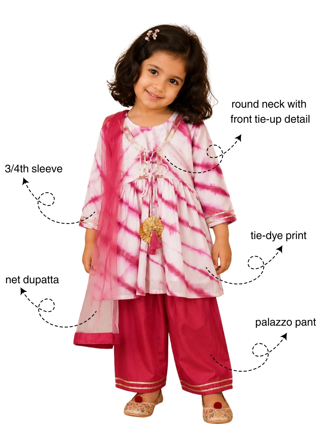 BownBee Hand Dyed Chanderi Silk Kurti Pant with Dupatta for Girls