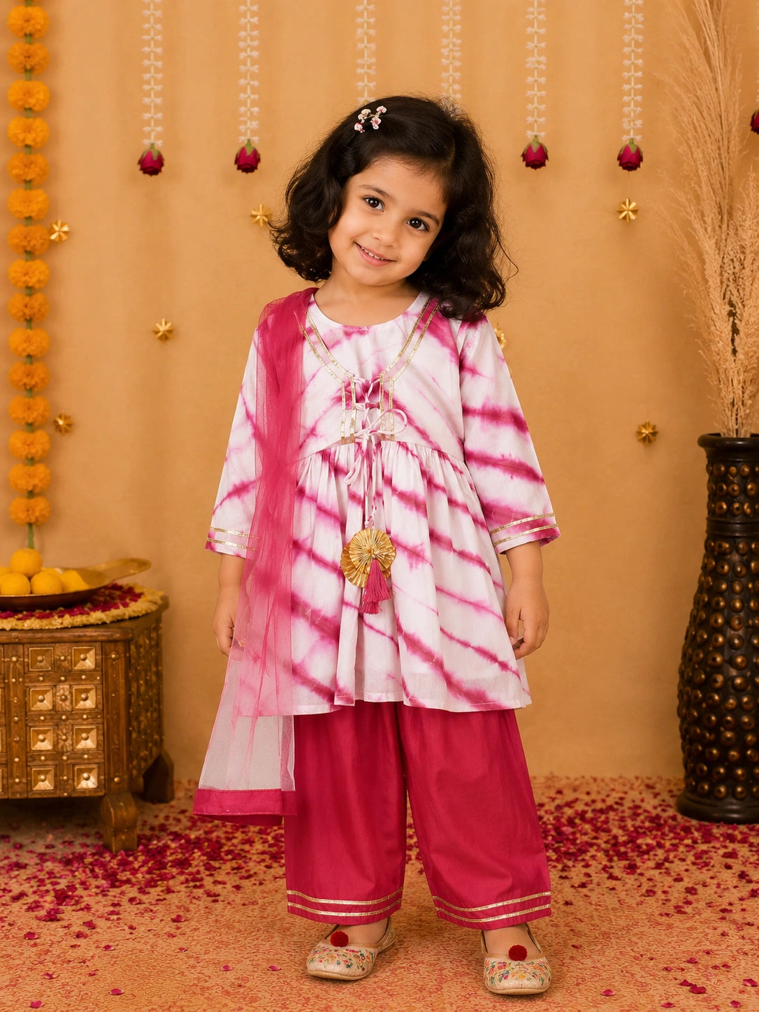 BownBee Hand Dyed Chanderi Silk Kurti Pant with Dupatta for Girls