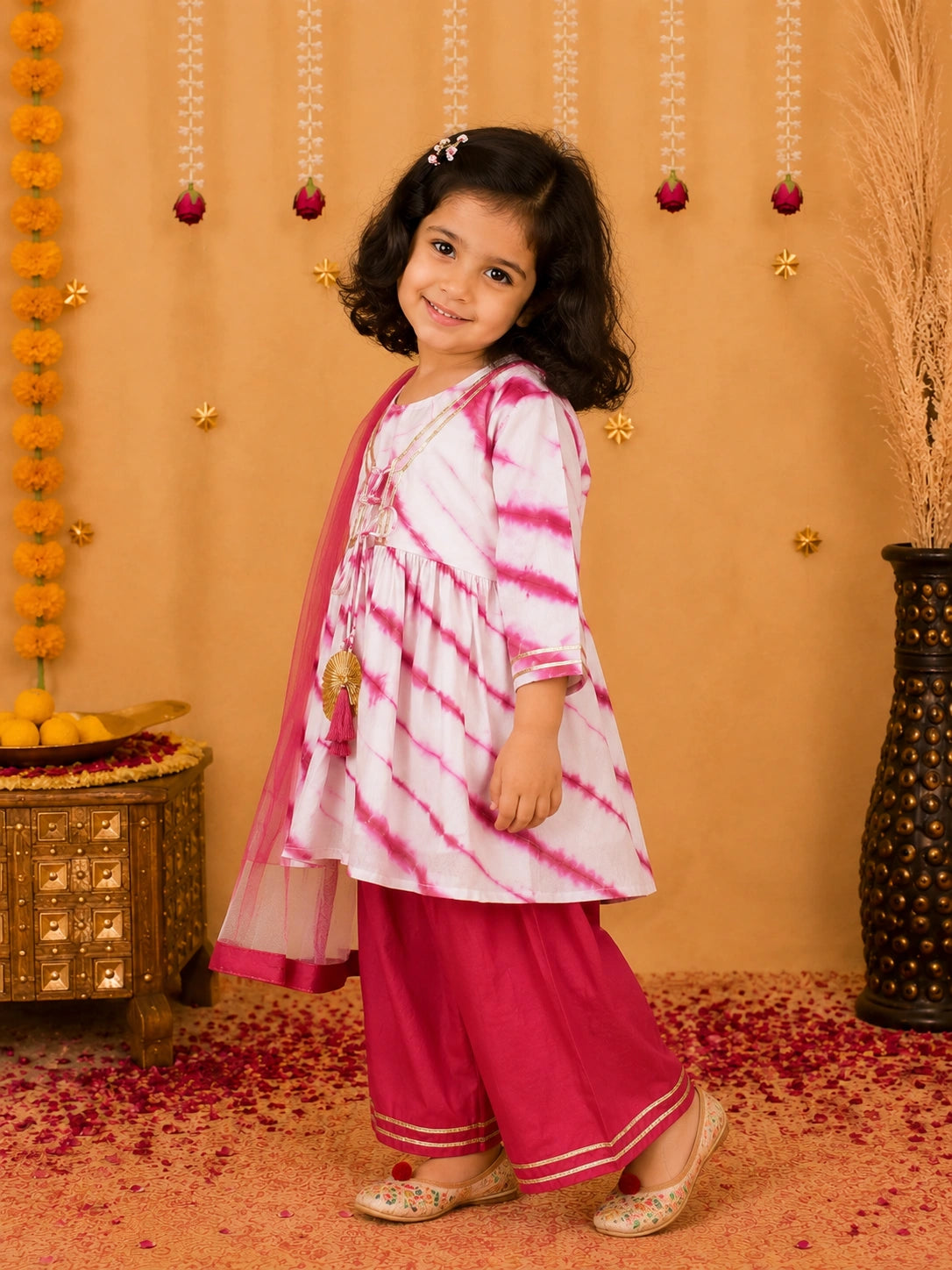 BownBee Hand Dyed Chanderi Silk Kurti Pant with Dupatta for Girls