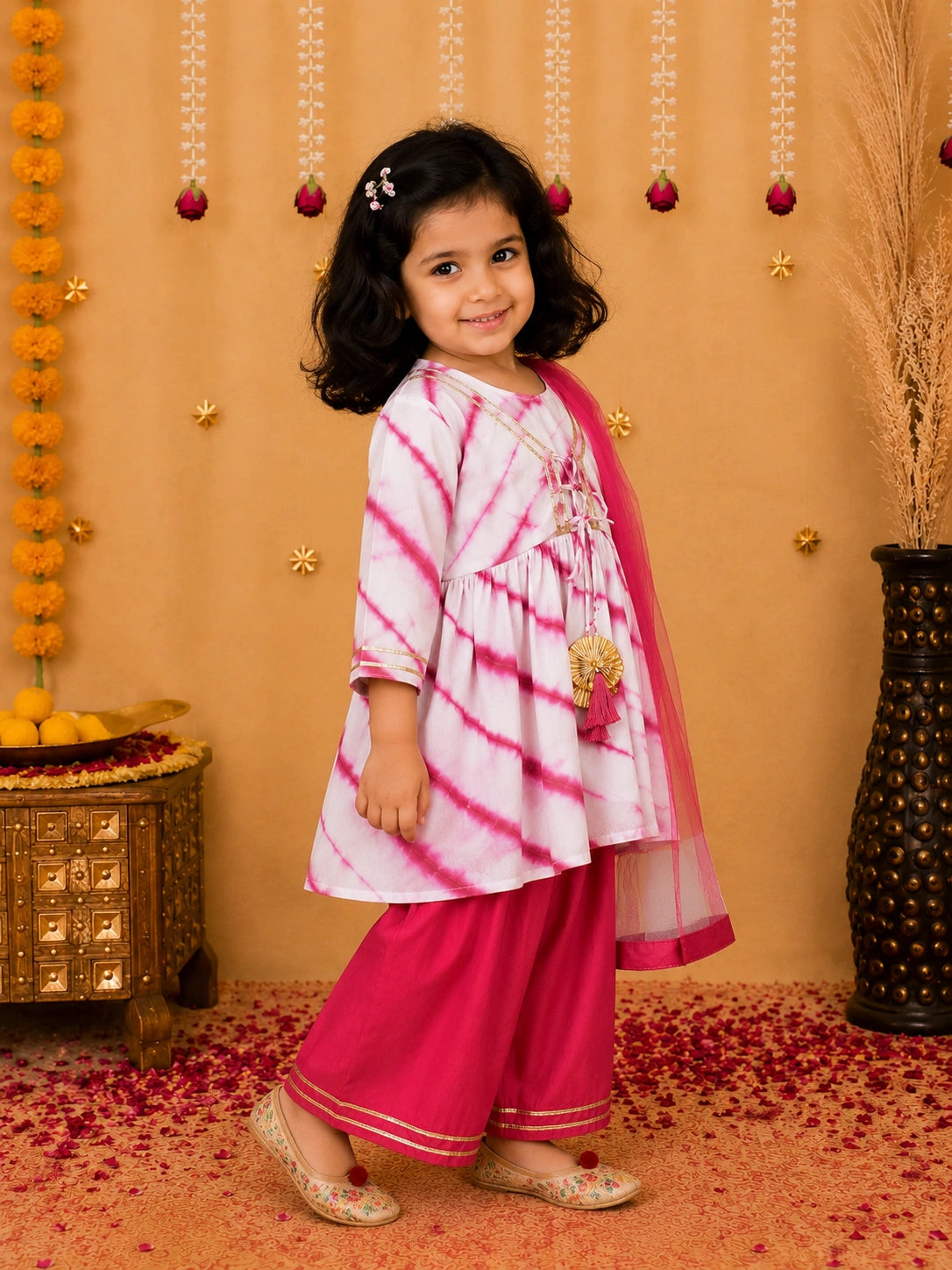 BownBee Hand Dyed Chanderi Silk Kurti Pant with Dupatta for Girls