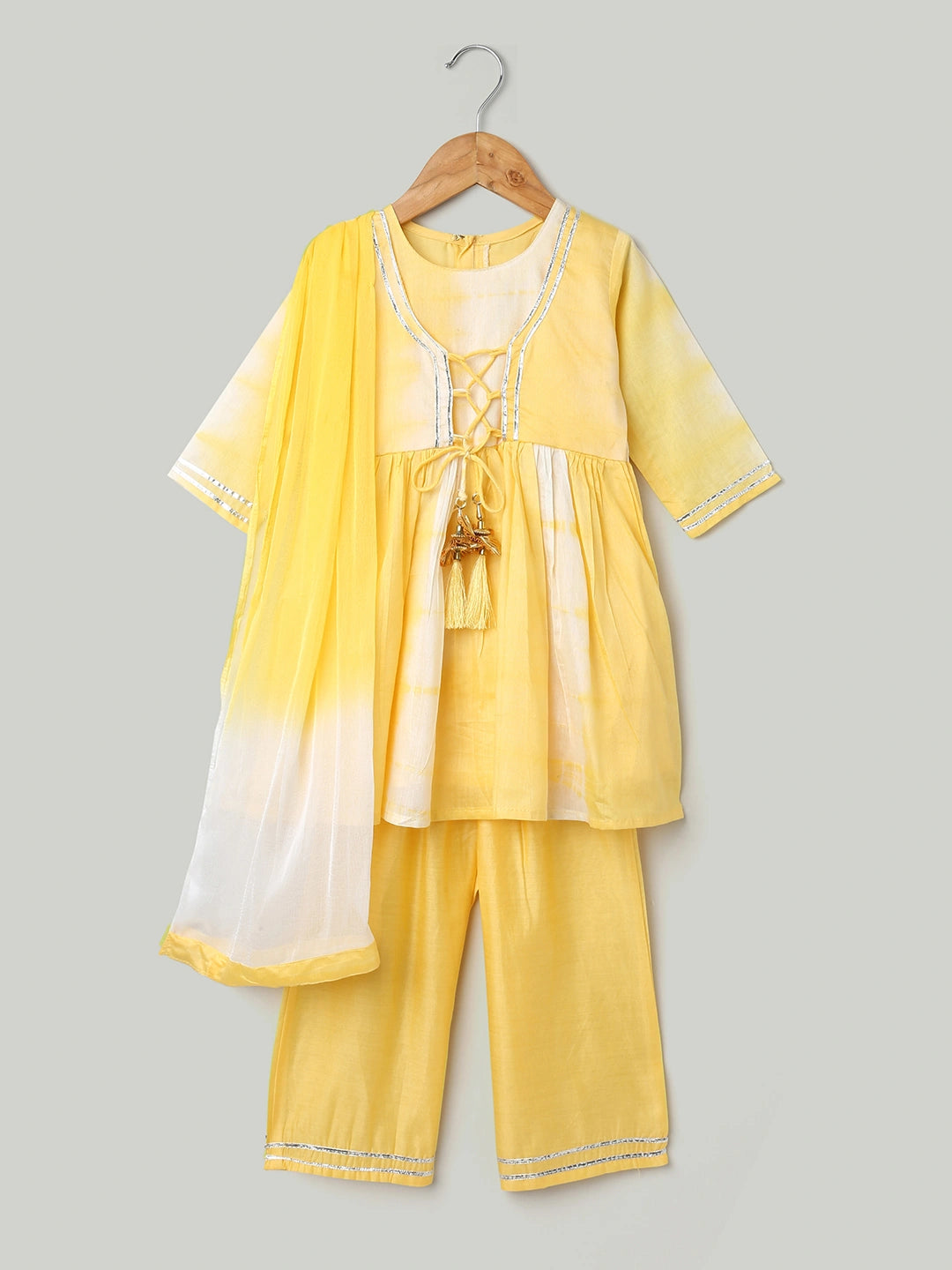 BownBee Hand Dyed Chanderi Silk Kurti Pant with Dupatta for Girls