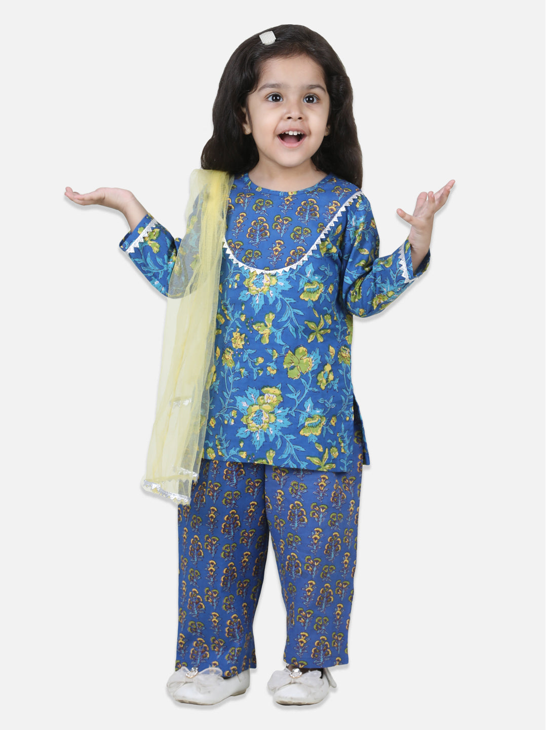 BownBee Pure Cotton Kurti with Pant & Dupatta for Girls- Blue
