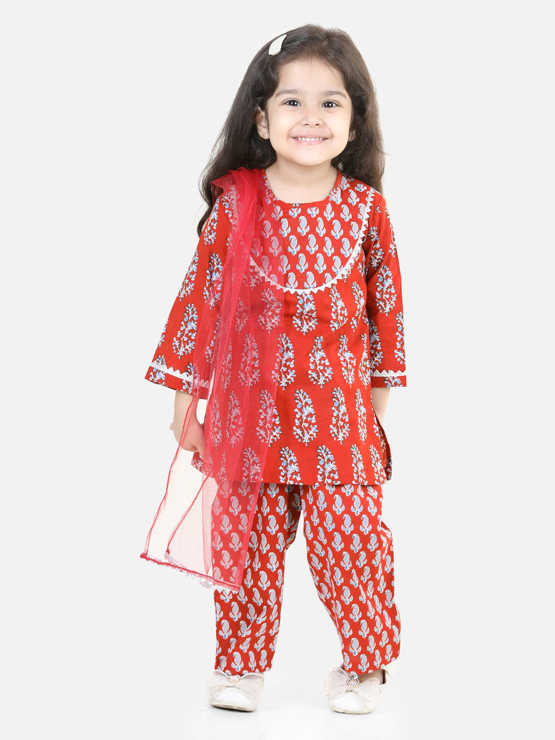 BownBee Pure Cotton Kurti with Pant & Dupatta for Girls- Maroon