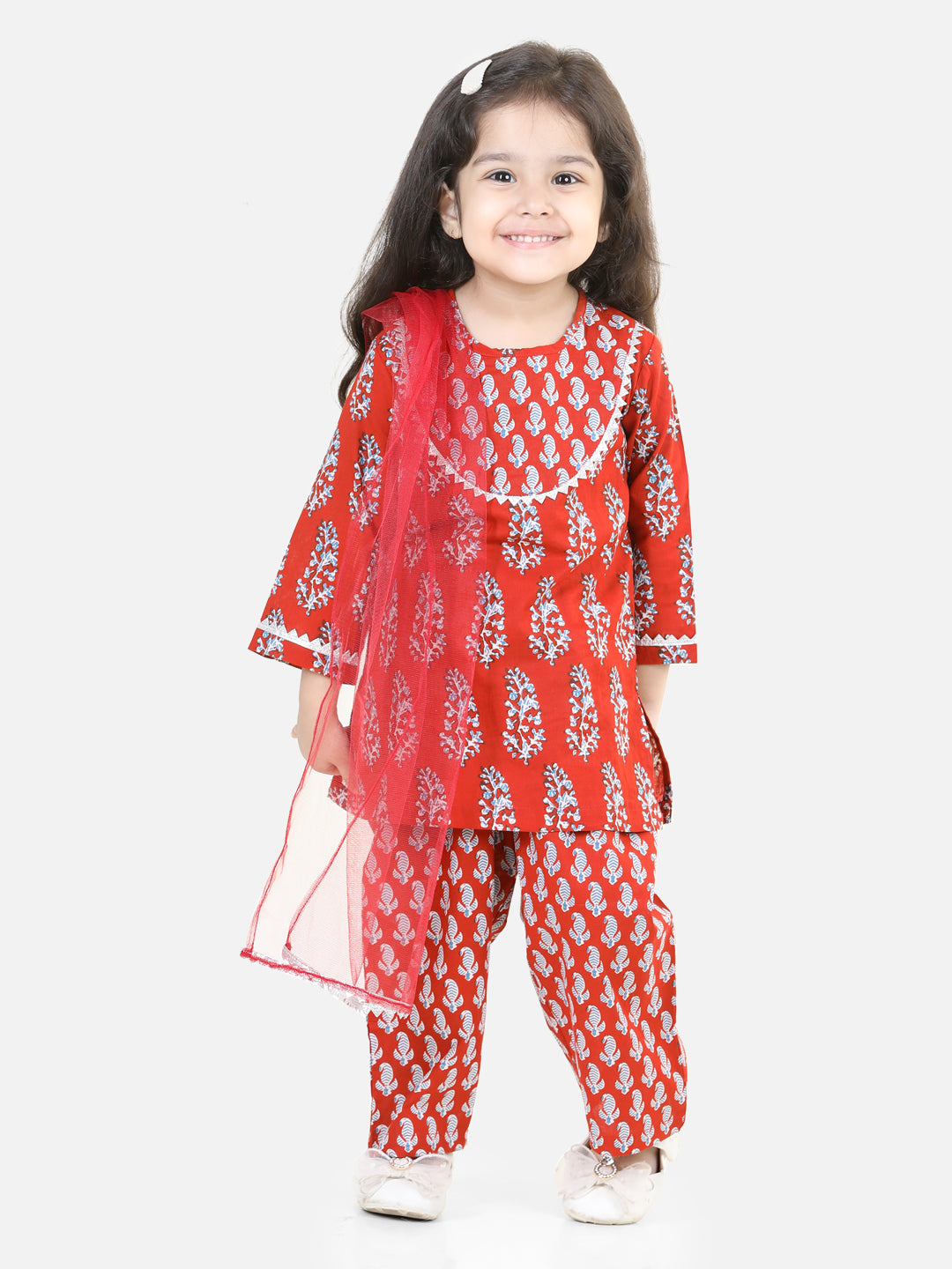 BownBee Sibling sets Pure Cotton Shirt and Kurti with Pant & Dupatta for Girls- Maroon