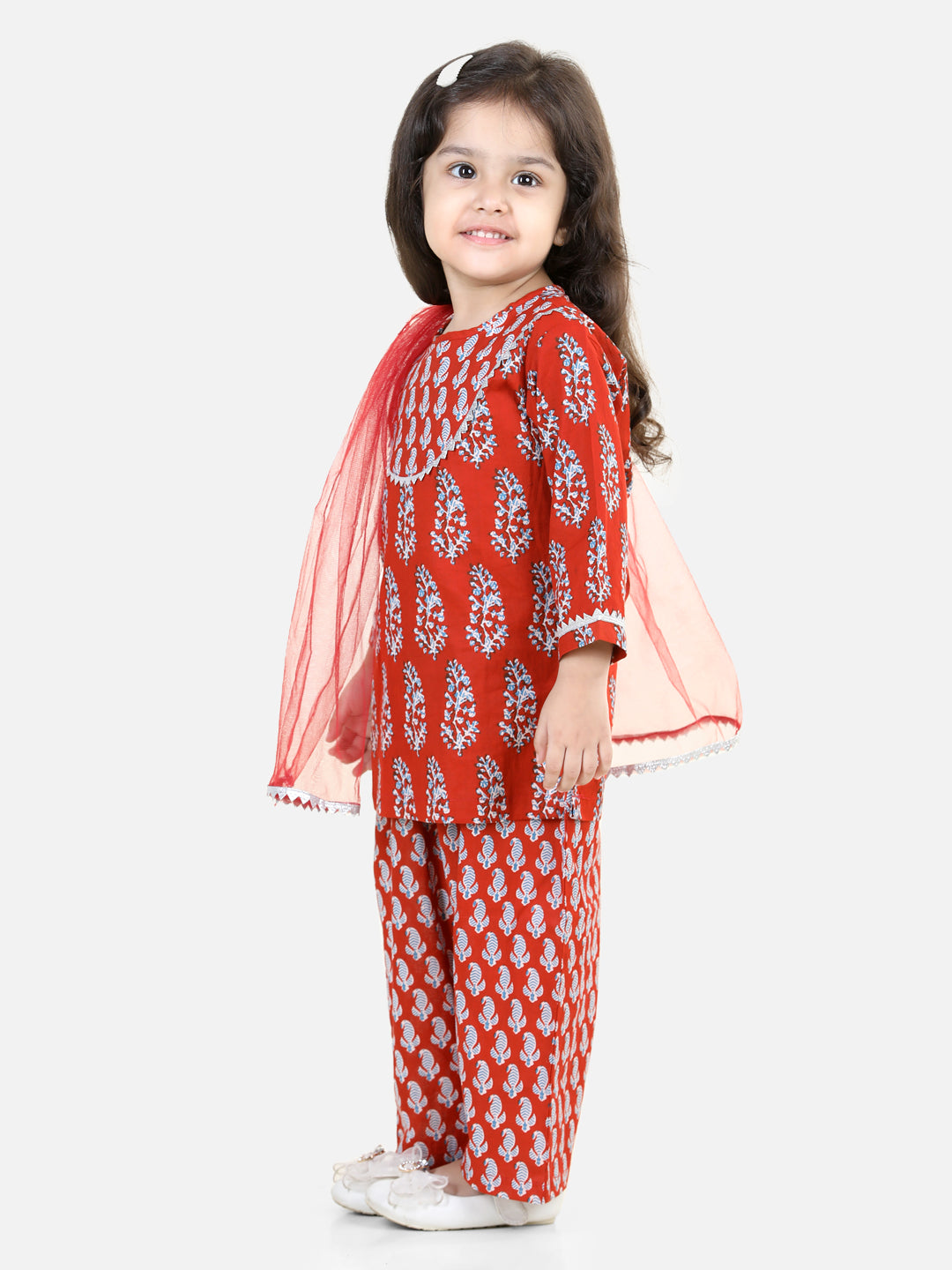 BownBee Sibling sets Pure Cotton Shirt and Kurti with Pant & Dupatta for Girls- Maroon
