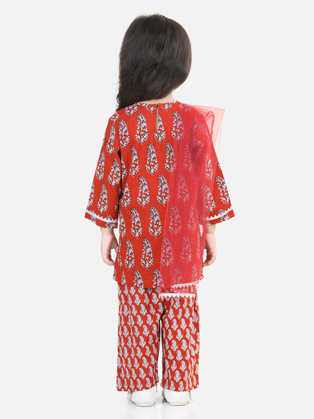BownBee Sibling sets Pure Cotton Shirt and Kurti with Pant & Dupatta for Girls- Maroon