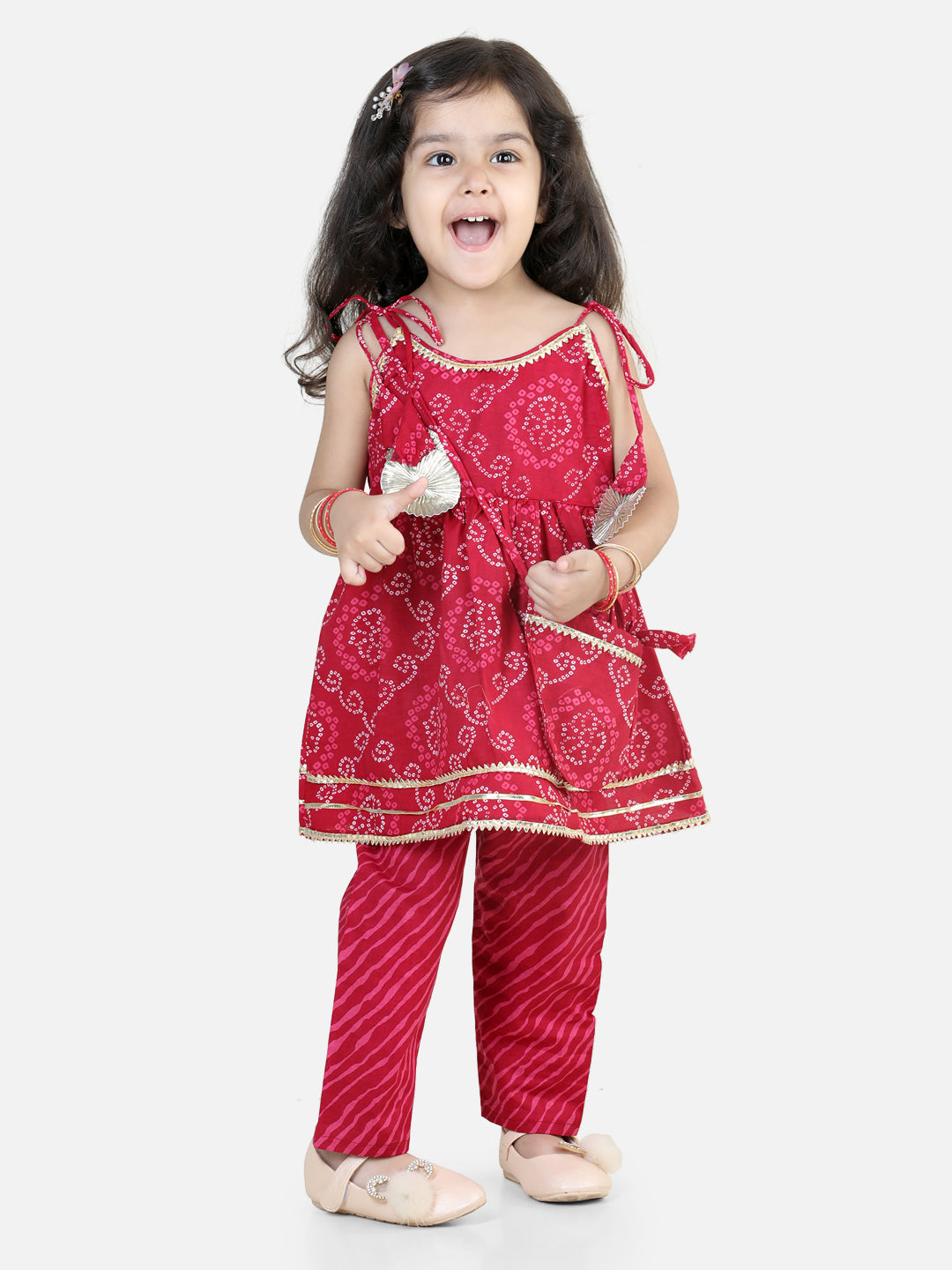 BownBee Cotton Kurti with Pant Set for Girls- Pink