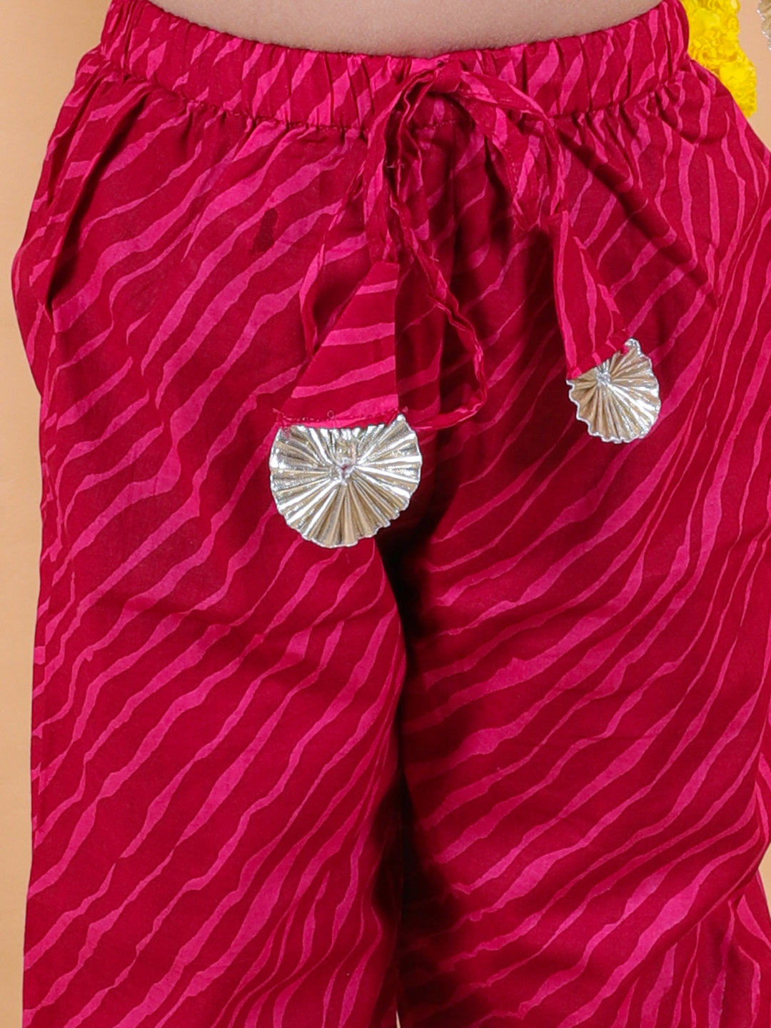 BownBee Girls Printed Cotton Kurti with Pant & Potli Set - Pink
