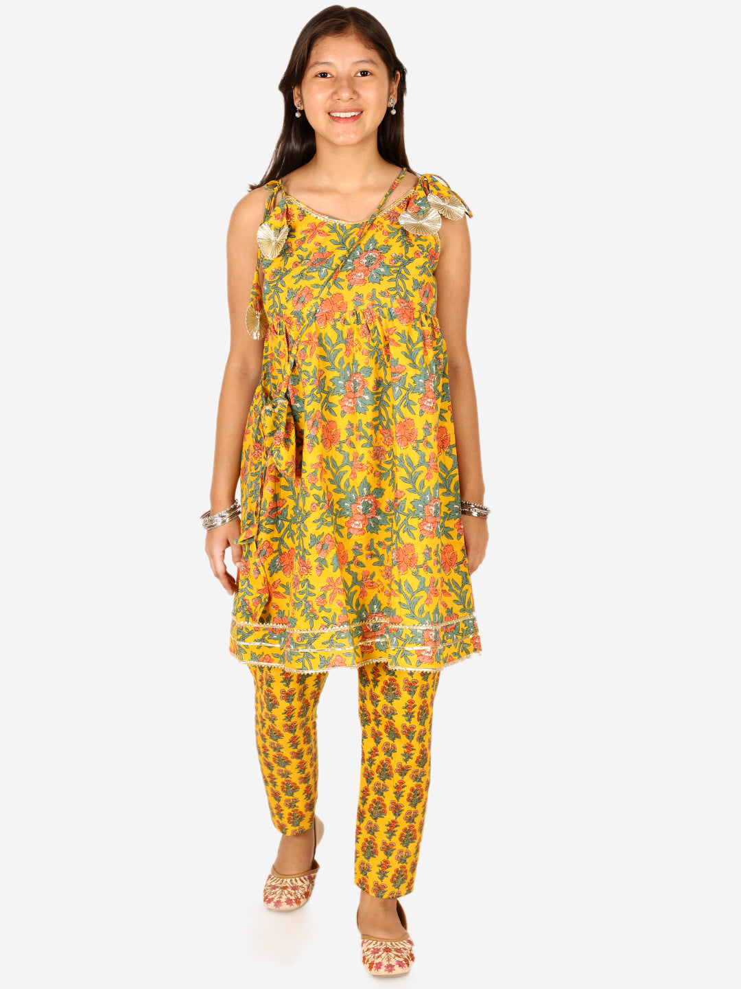 BownBee Sibling Cotton Kurti Pant and Kurta pajama Set-Yellow