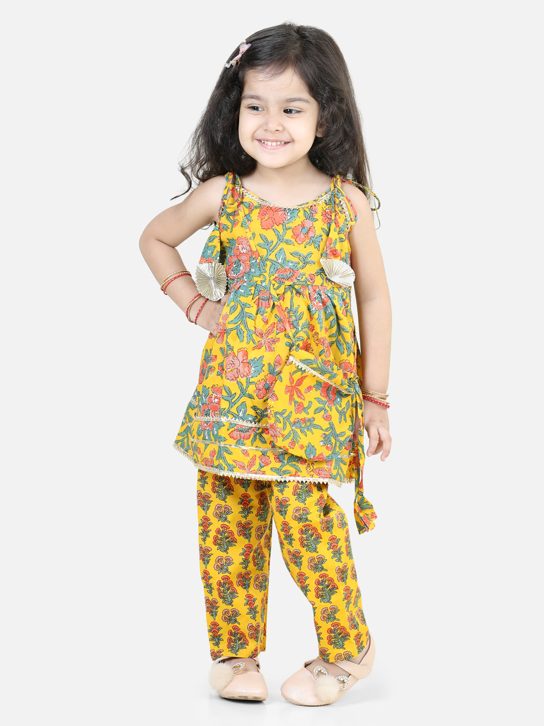 BownBee Sibling Cotton Kurti Pant and Kurta pajama Set-Yellow