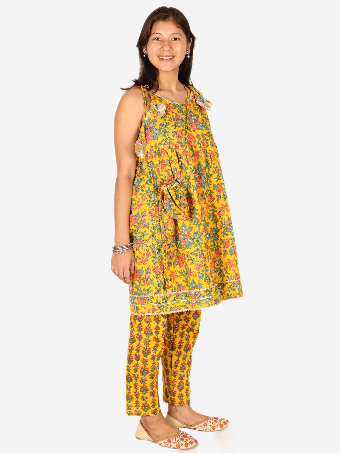 BownBee Sibling Cotton Kurti Pant and Kurta pajama Set-Yellow