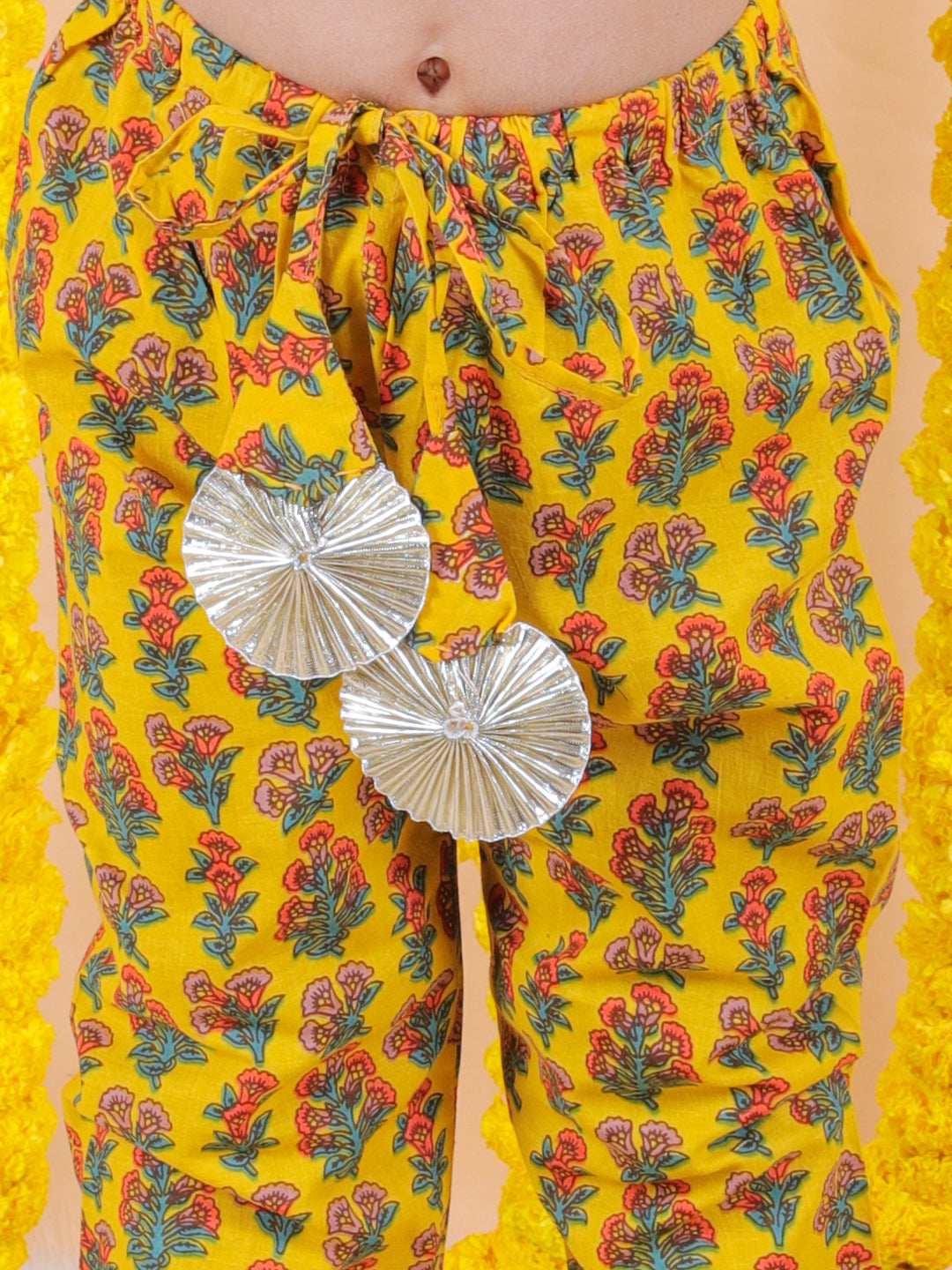 BownBee Girls Printed Cotton Kurti with Pant & Potli Set - Yellow