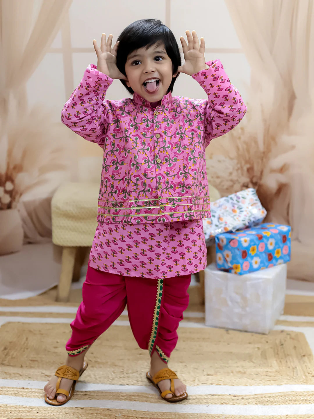 BownBee Pure Cotton Printed jacket with Dhoti Kurta for Boys