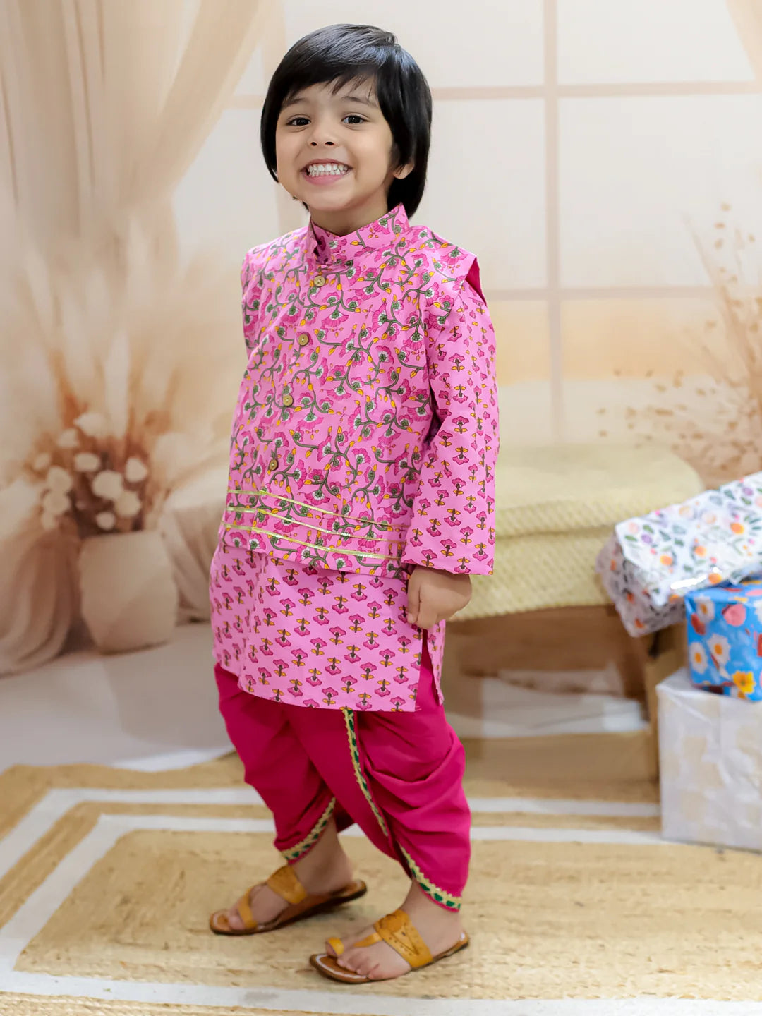 BownBee Pure Cotton Printed jacket with Dhoti Kurta for Boys