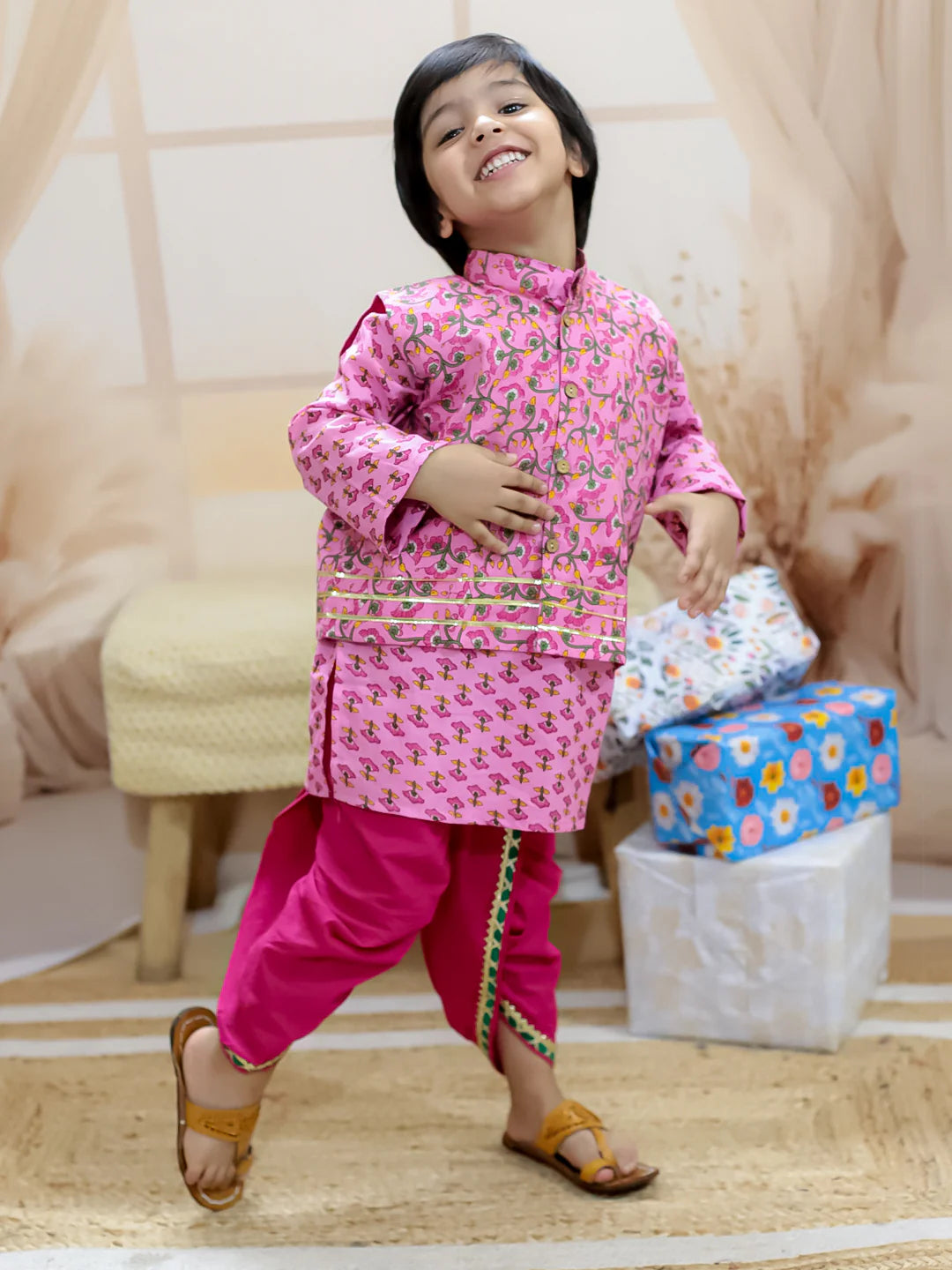 BownBee Pure Cotton Printed jacket with Dhoti Kurta for Boys