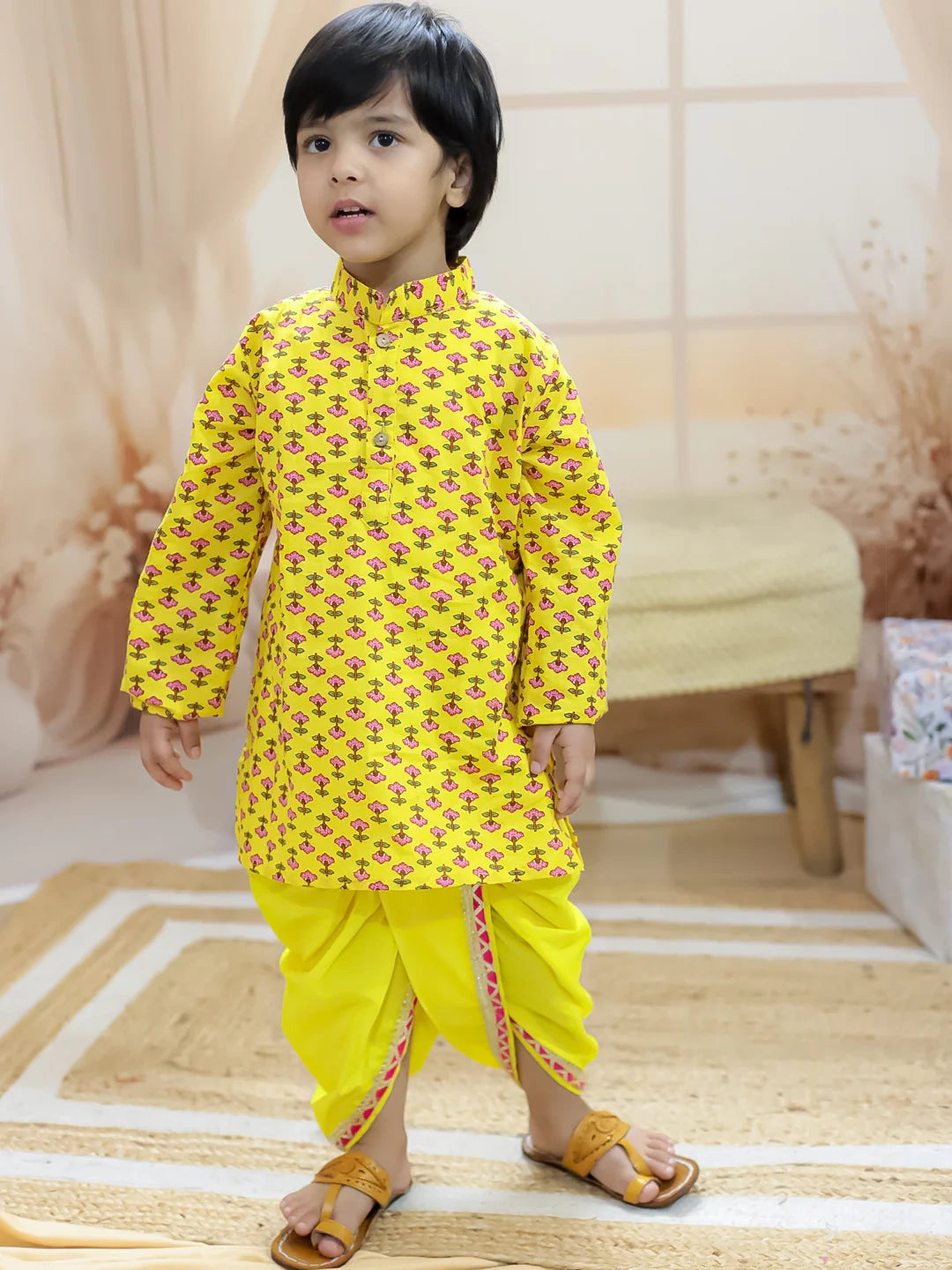 BownBee Pure Cotton Printed jacket with Dhoti Kurta for Boys