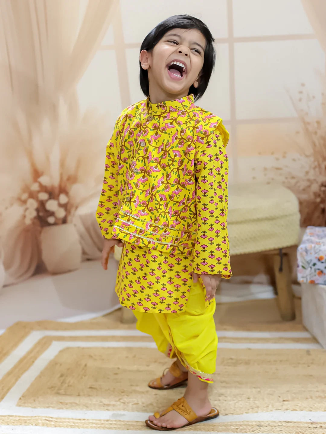 BownBee Pure Cotton Printed jacket with Dhoti Kurta for Boys