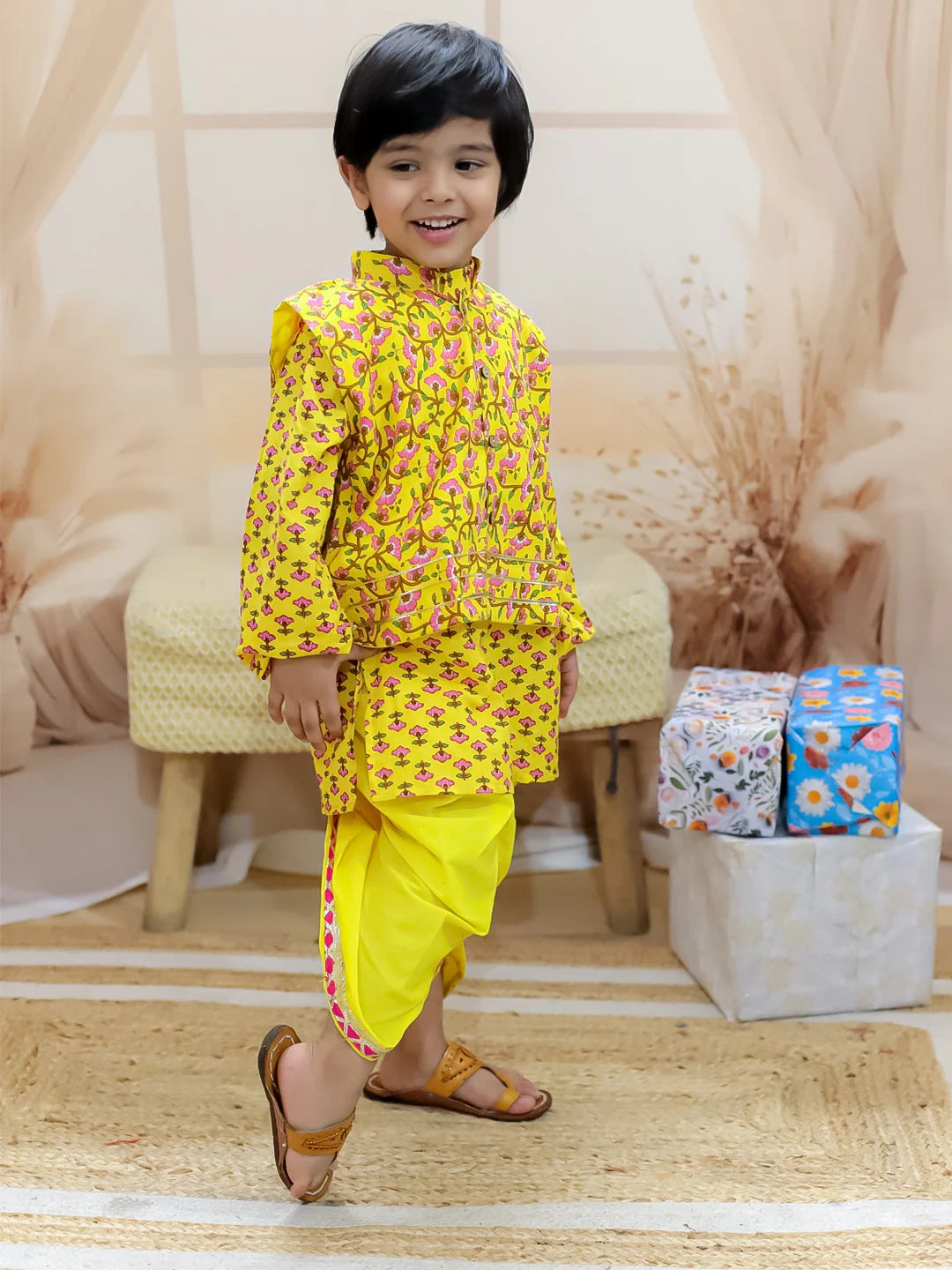 BownBee Pure Cotton Printed jacket with Dhoti Kurta for Boys