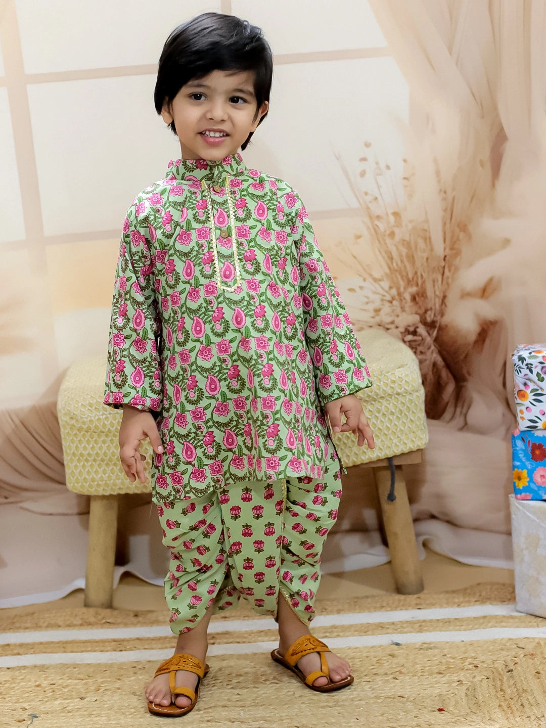 BownBee Pure cotton Dhoti Kurta & Ethnic Suit With Dupatta Sibling Set
