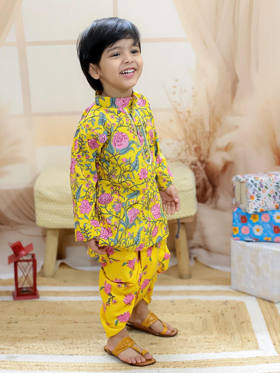 BownBee Pure Cotton Full Sleeve Printed Kurta Dhoti for Boys- Yellow
