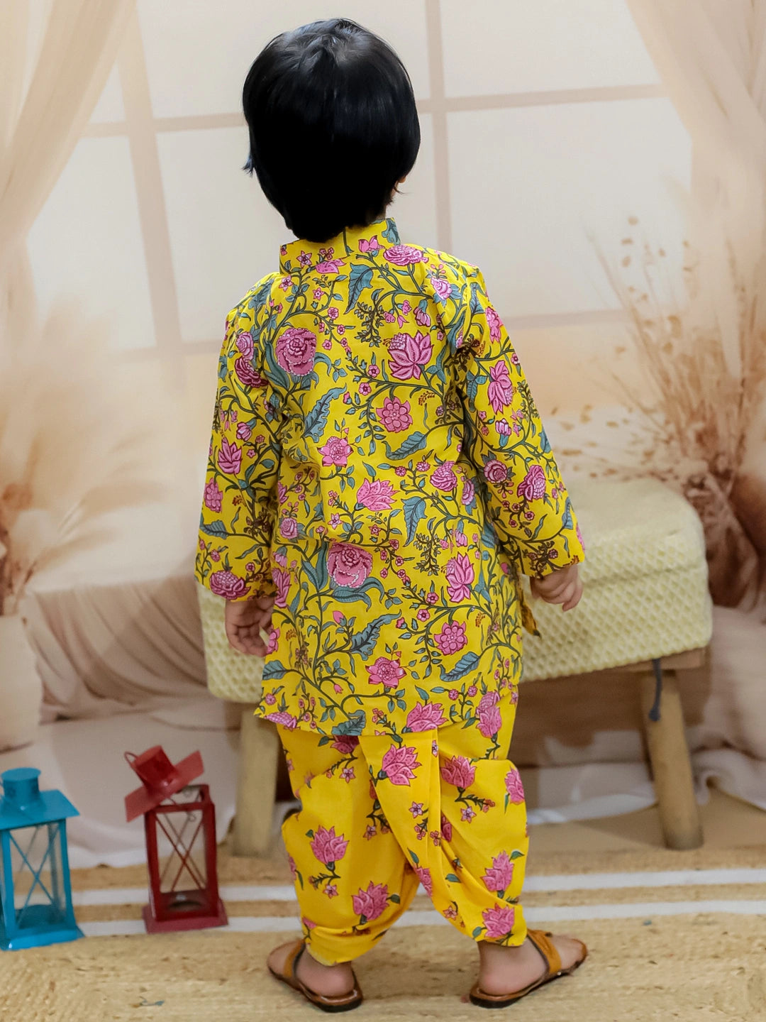 BownBee Sibling Set Pure Cotton Printed Dhoti Kurta with Front Open Choli Lehenga Set