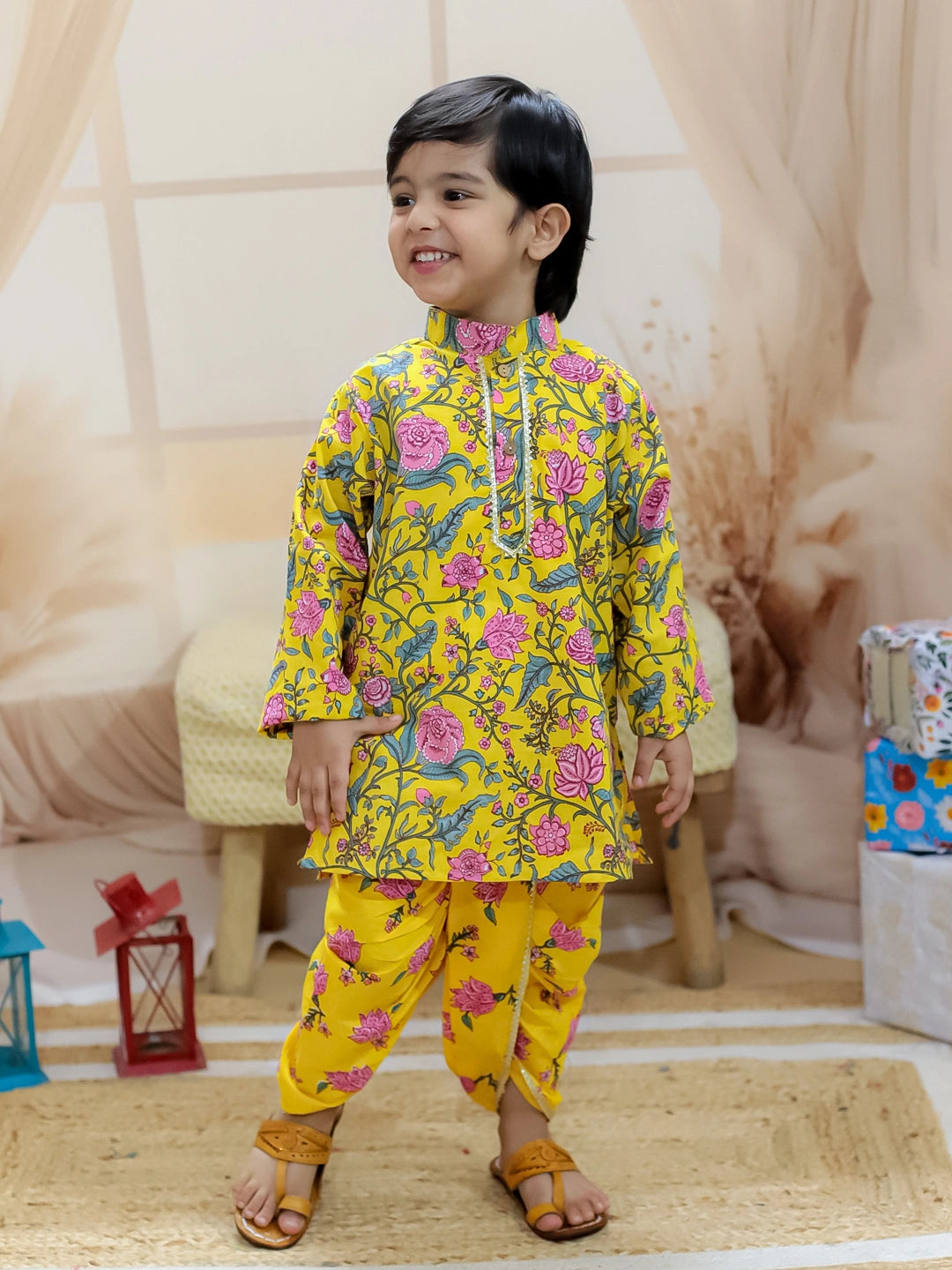BownBee Sibling Set Pure Cotton Printed Dhoti Kurta with Front Open Choli Lehenga Set