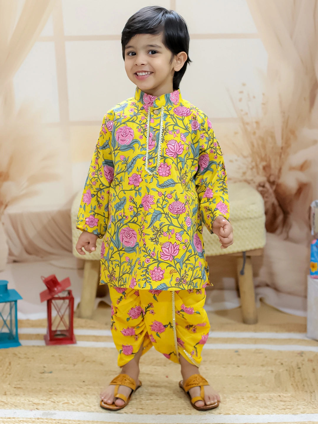 BownBee Sibling Set Pure Cotton Printed Dhoti Kurta with Front Open Choli Lehenga Set