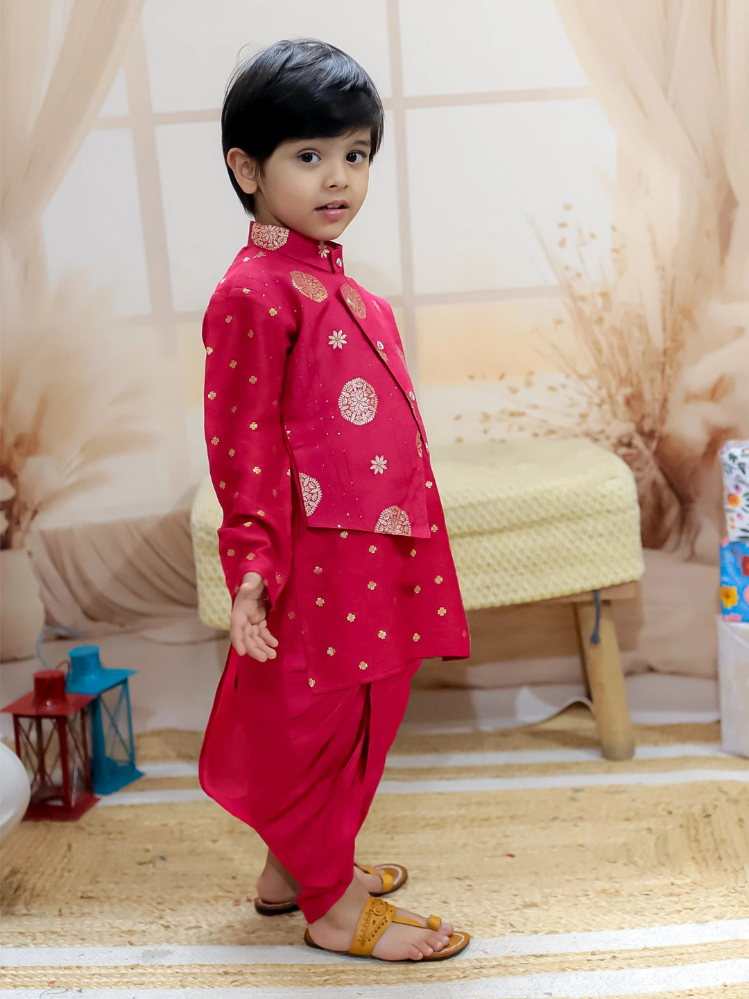 BownBee Sibling Set Pure Chanderi Jacket with Lining Kurta Dhoti with Back Open Choli Lehenga & Dupatta