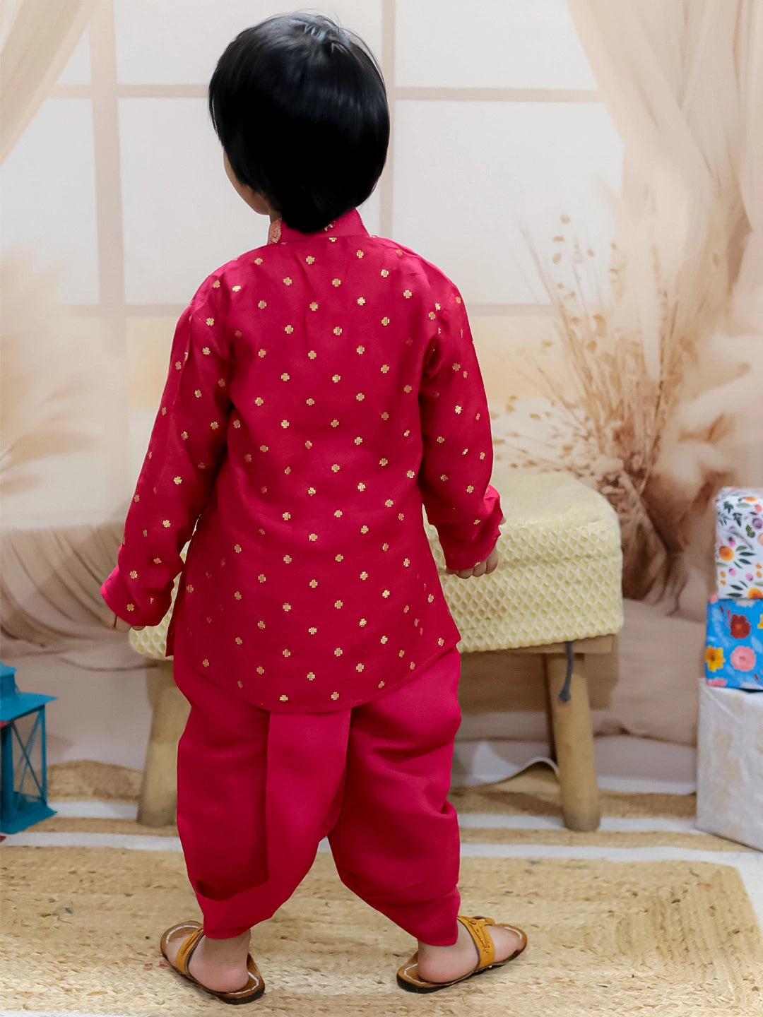 BownBee Sibling Set Pure Chanderi Jacket with Lining Kurta Dhoti with Back Open Choli Lehenga & Dupatta