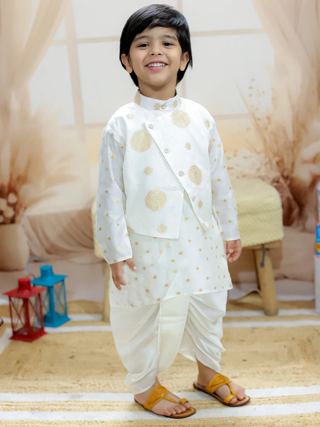 BownBee Pure Chanderi Attached Jacket Kurta with Dhoti for Boys