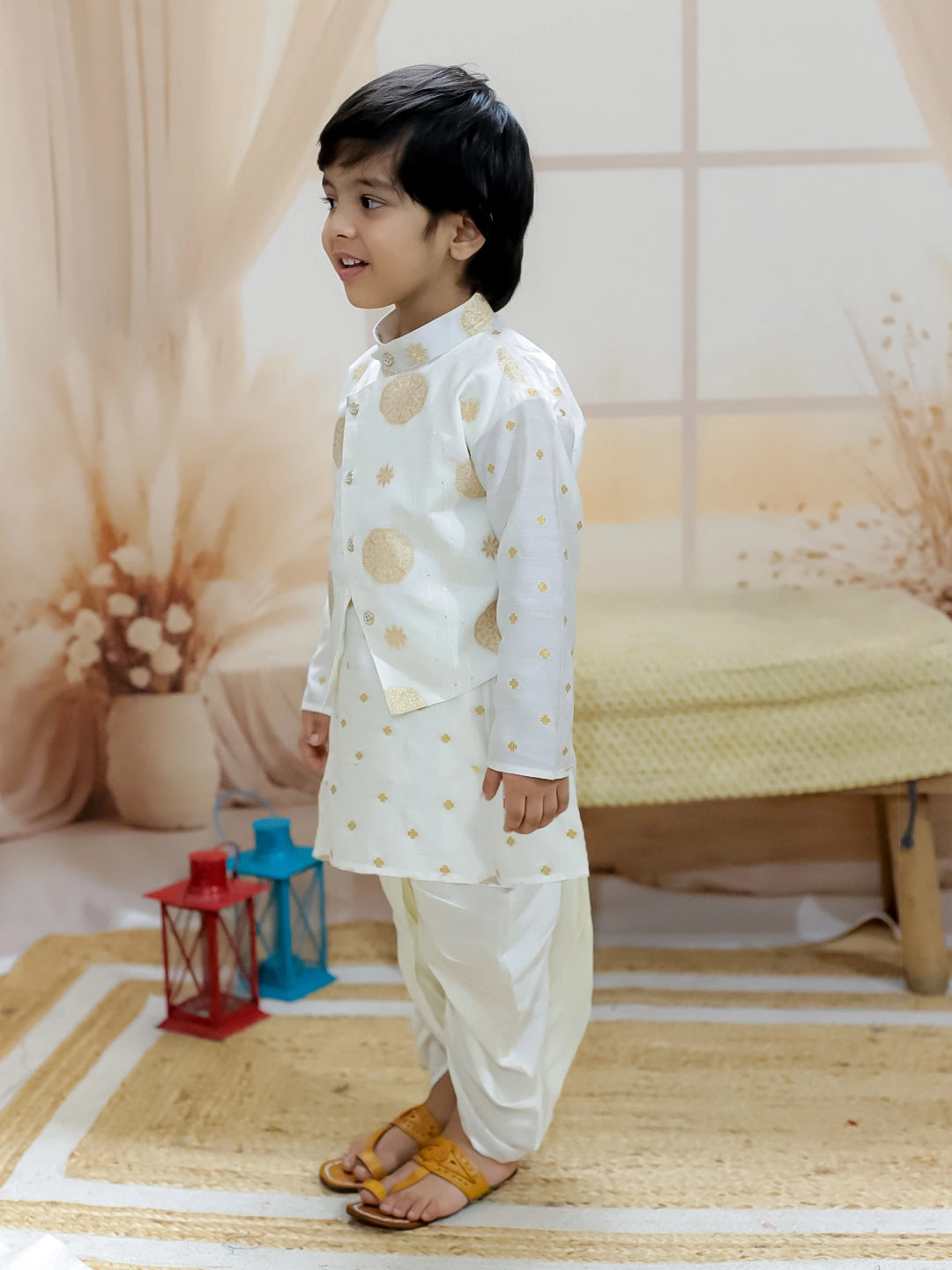 BownBee Pure Chanderi Attached Jacket Kurta with Dhoti for Boys