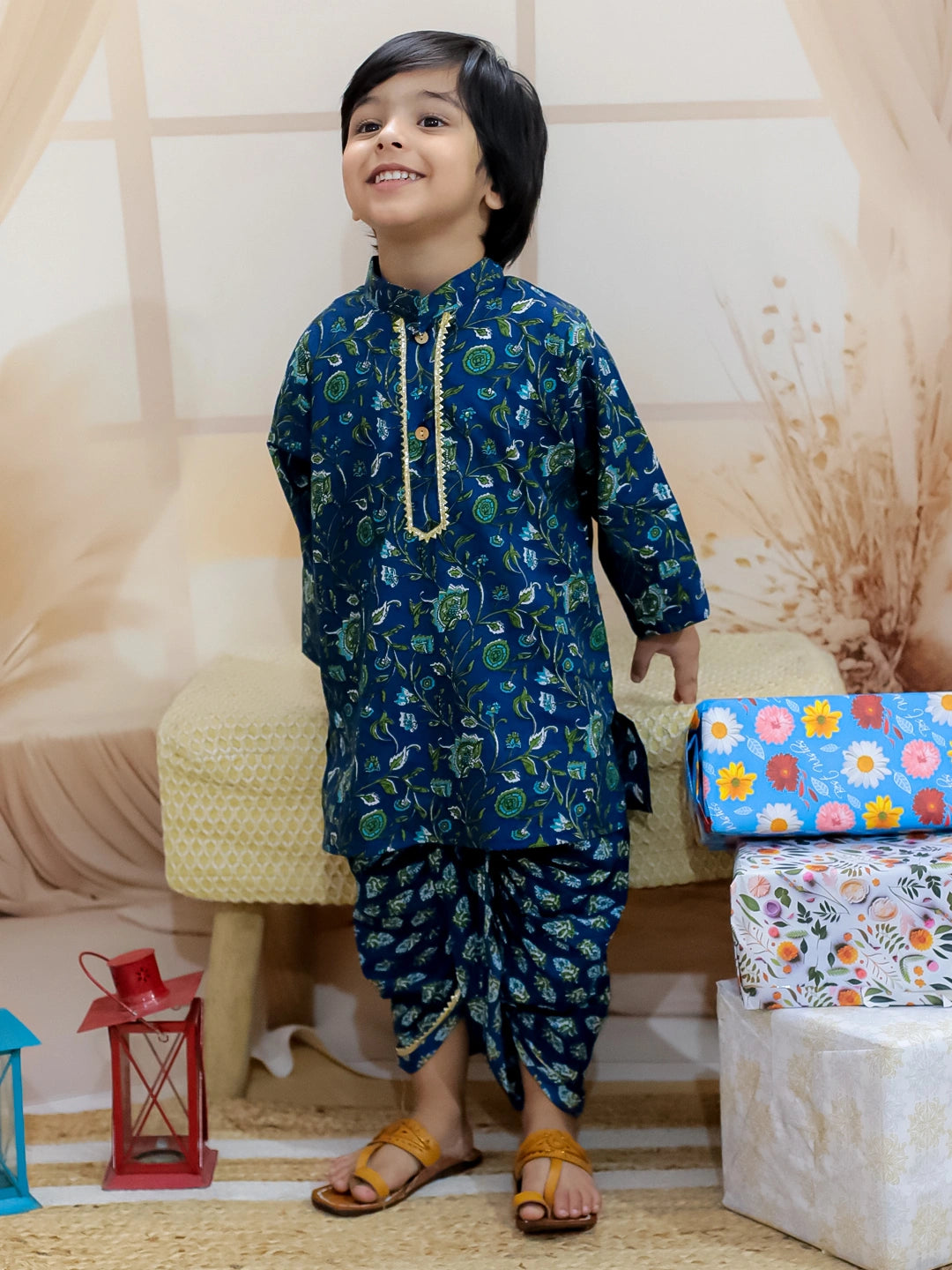 BownBee Pure Cotton Full Sleeve Printed Kurta Dhoti for Boys