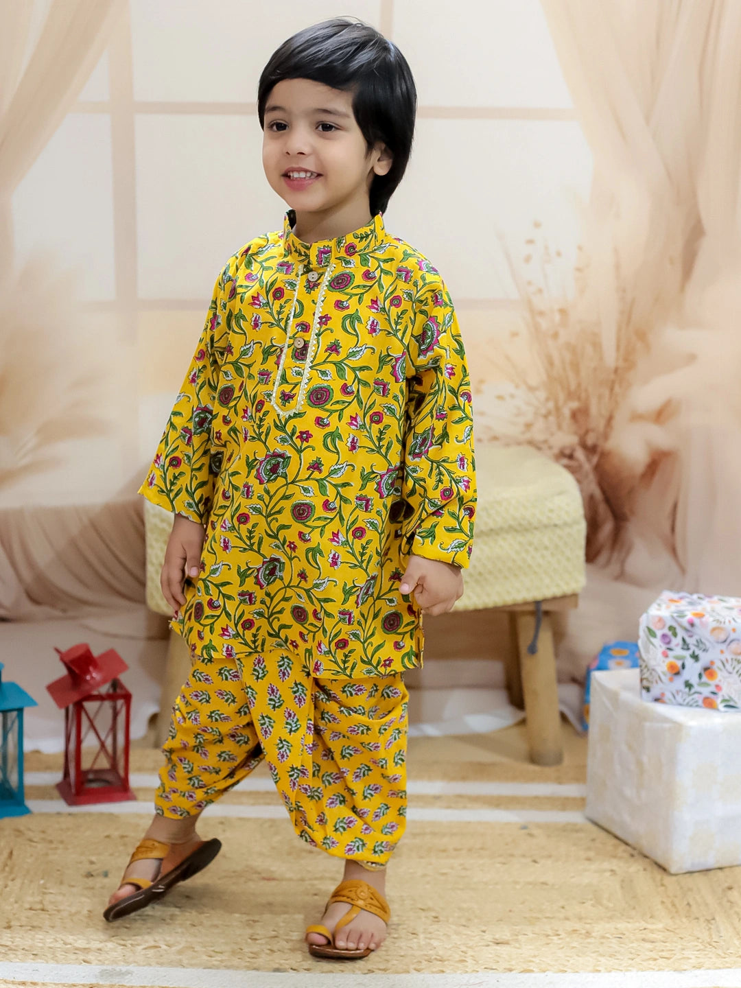 BownBee Pure Cotton Full Sleeve Printed Kurta Dhoti for Boys- Yellow