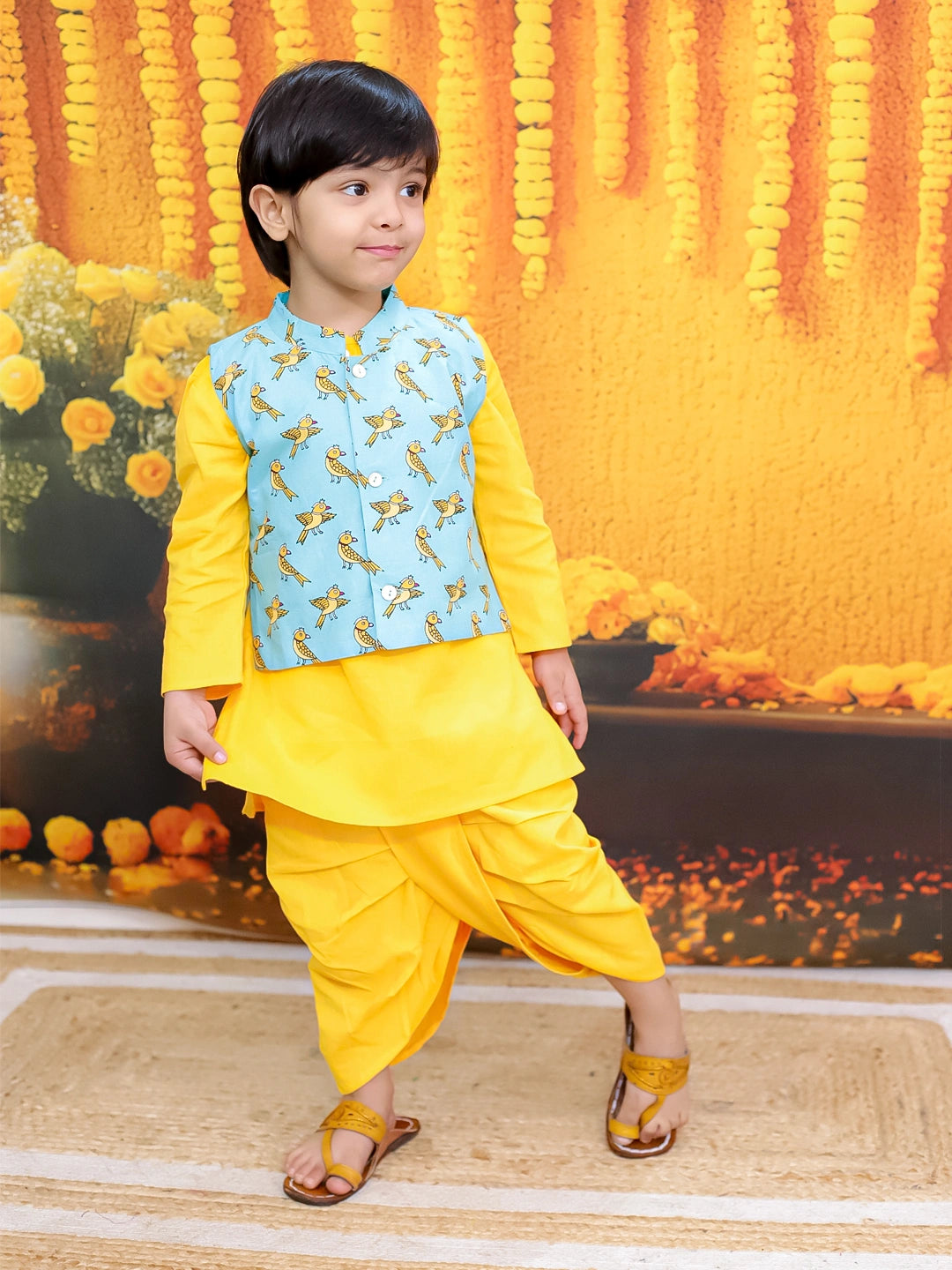 BownBee Pure Cotton Dhoti Kurta With Jacket & Bandana Set Combo