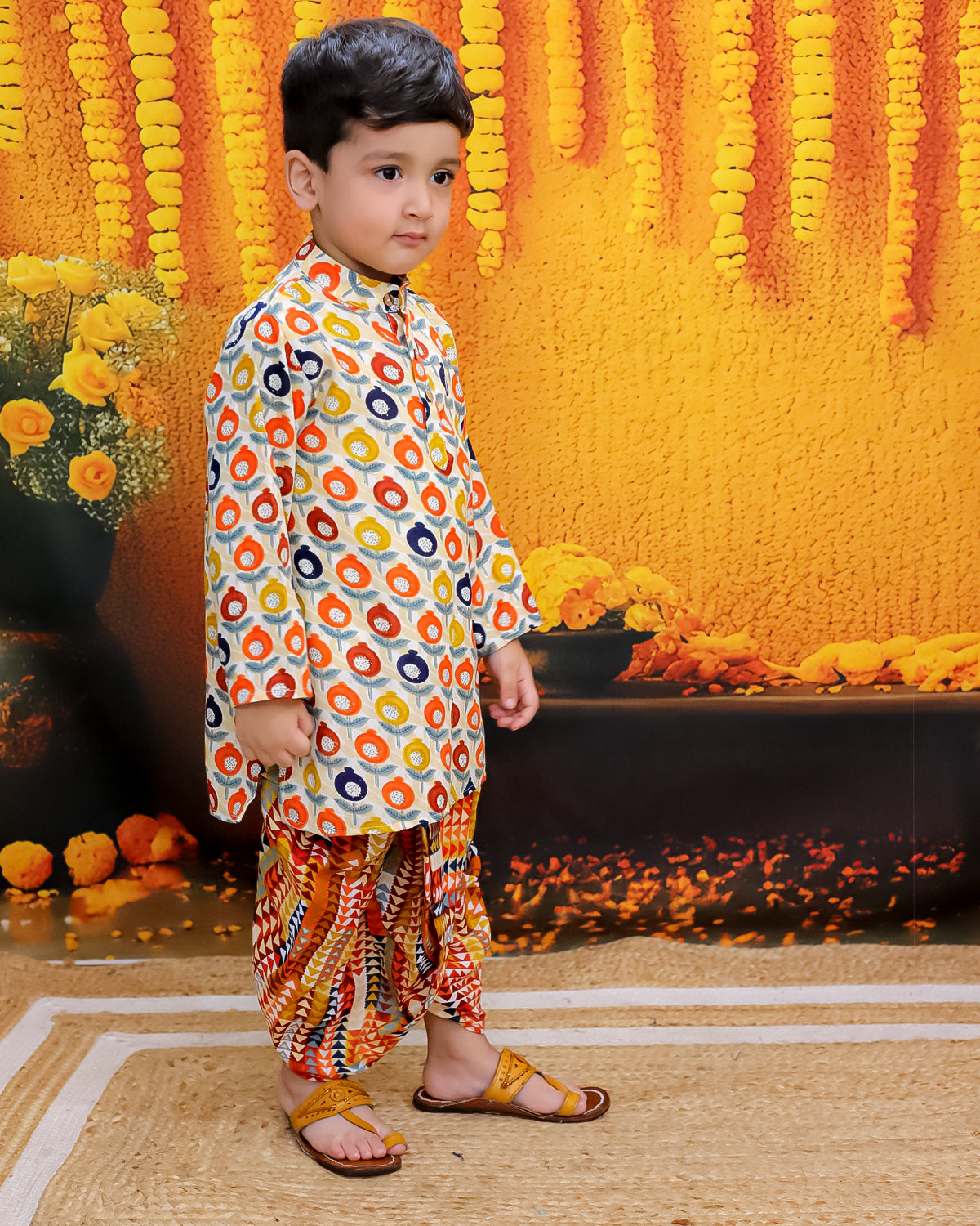 BownBee Cotton Full Sleeve Kurta with Dhoti for Boys - Beige
