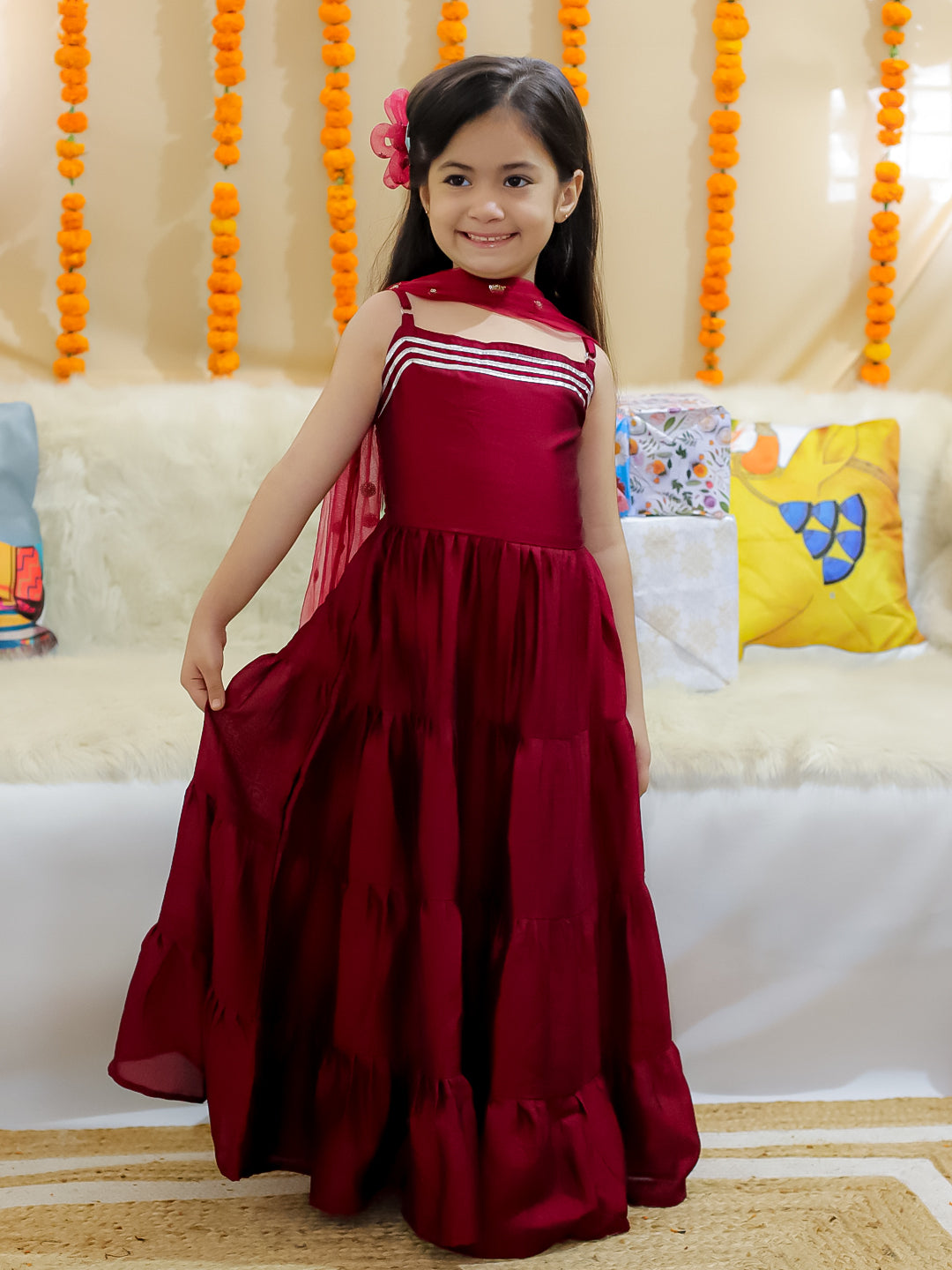 BownBee Tier Gown with Sequined Net Dupatta for Girls - Wine