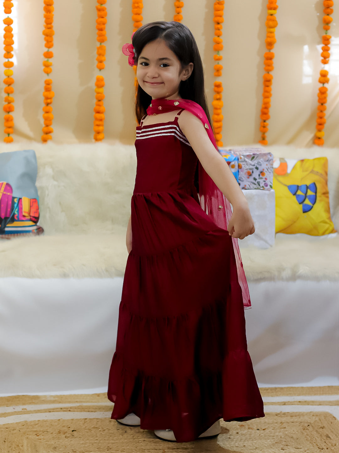 BownBee Tier Gown with Sequined Net Dupatta for Girls - Wine