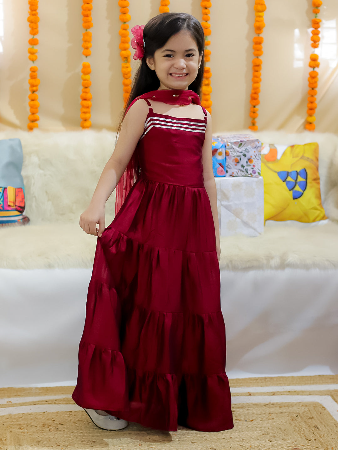 BownBee Tier Gown with Sequined Net Dupatta for Girls - Wine