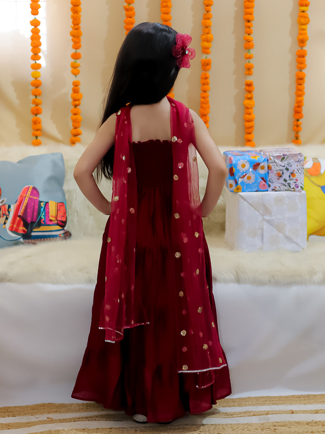 BownBee Tier Gown with Sequined Net Dupatta for Girls - Wine