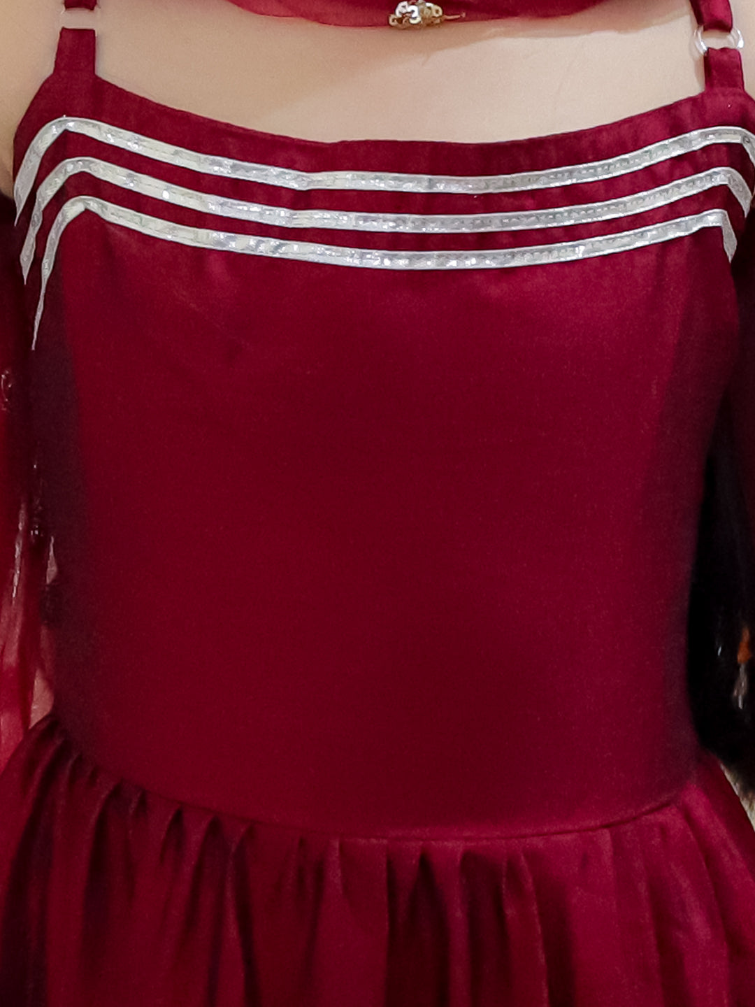 BownBee Tier Gown with Sequined Net Dupatta for Girls - Wine