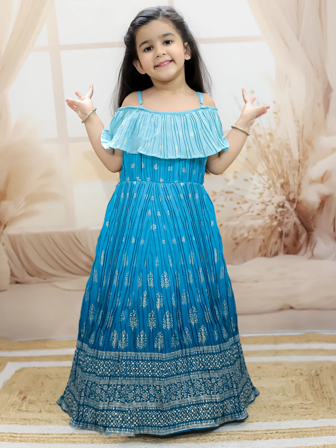 BownBee Foil Print Off Shoulder Gown Dress for Girls