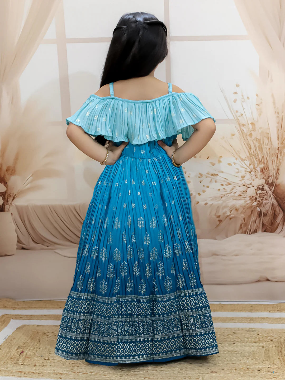 BownBee Foil Print Off Shoulder Gown Dress for Girls