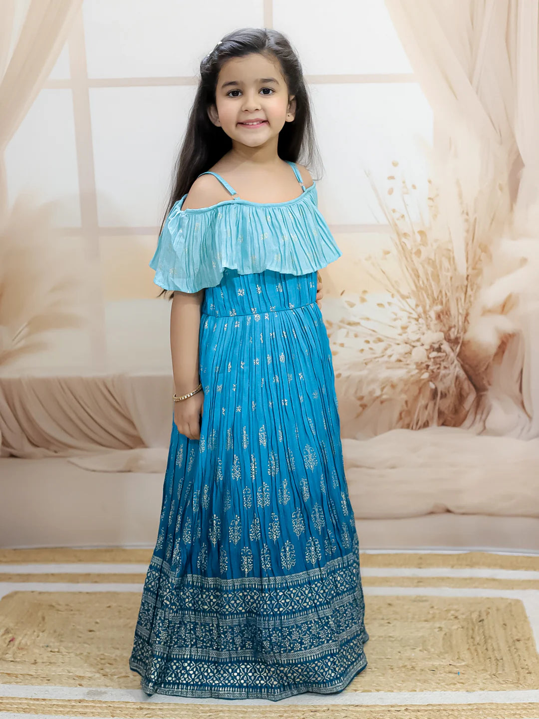 BownBee Foil Print Off Shoulder Gown Dress for Girls